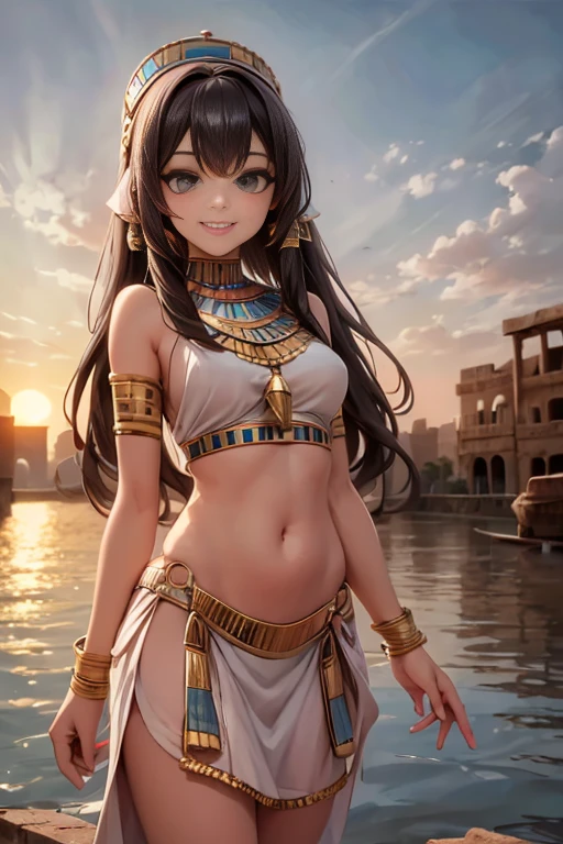 an ancient egyptian girl smiling in the nile river, ancient egyptian city at sunset, 