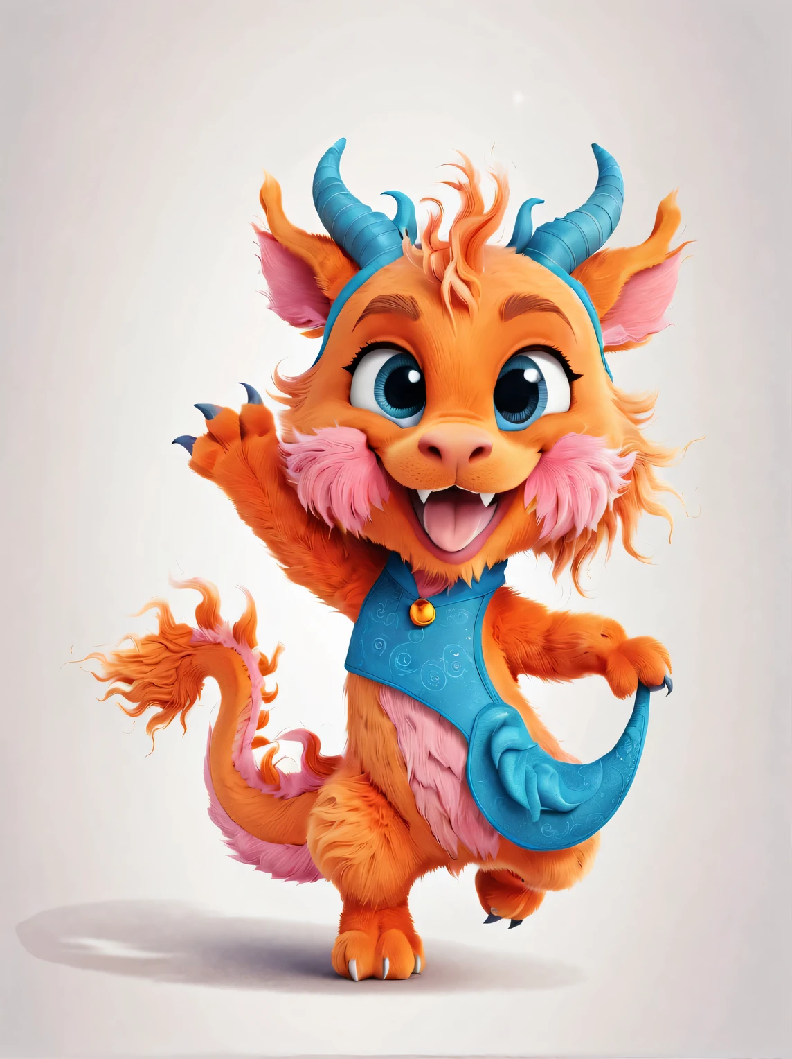 role conception, Featuring the adorable zodiac sign Dragon,exaggerated gait, orange fur, big blue eyes, Squint your eyes and smile mischievously (Crescent), Wearing scarlet clothes, range mark drawing, monochrome, Ballpoint pen outline, 4K, soft pink, interesting,