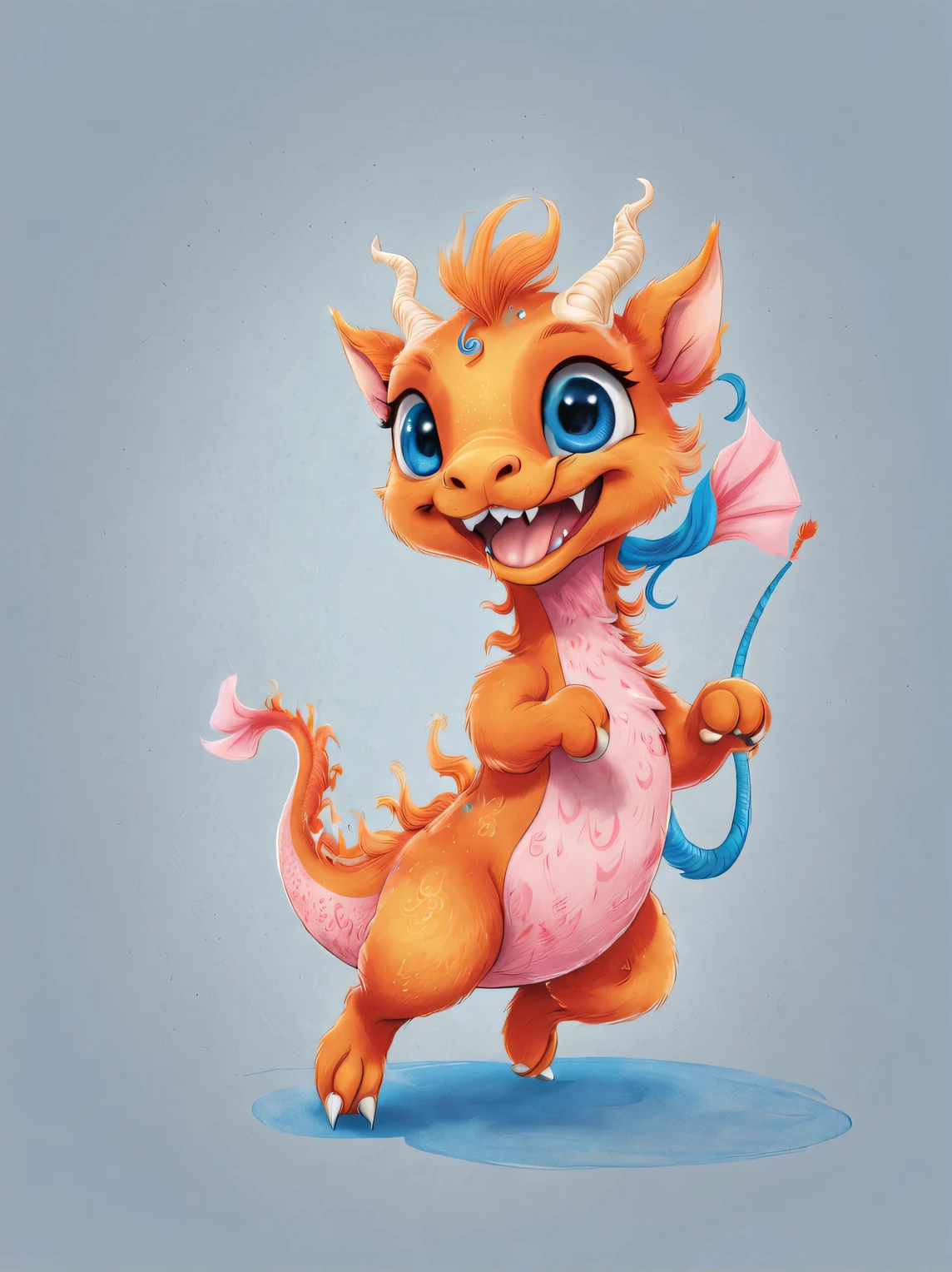 role conception, Featuring the adorable zodiac sign Dragon,exaggerated gait, orange fur, big blue eyes, Squint your eyes and smile mischievously (Crescent), Wearing scarlet clothes, range mark drawing, monochrome, Ballpoint pen outline, 4K, soft pink, interesting,