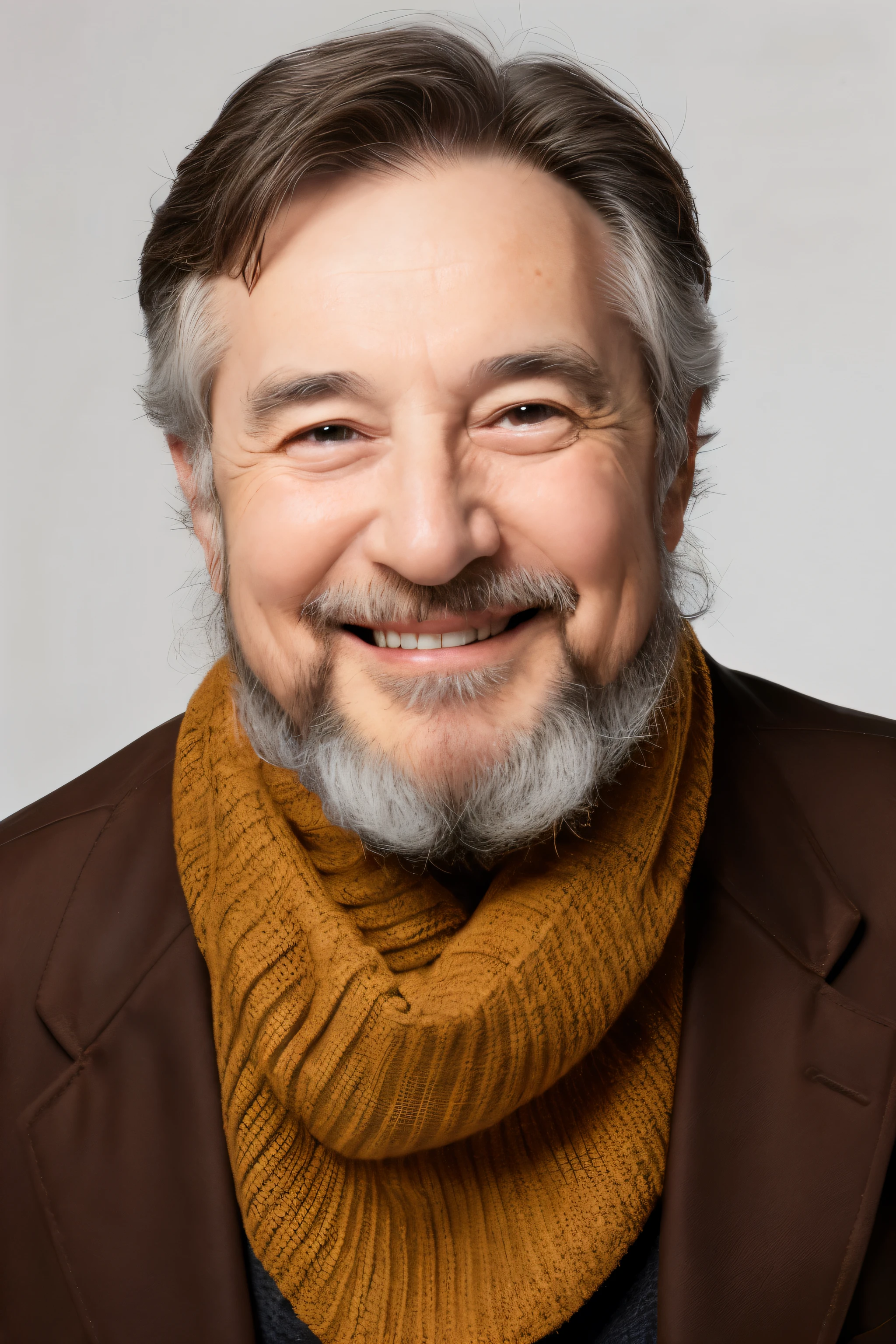 62 year old man, charmant, light-bearded, smiling, photorelistisch