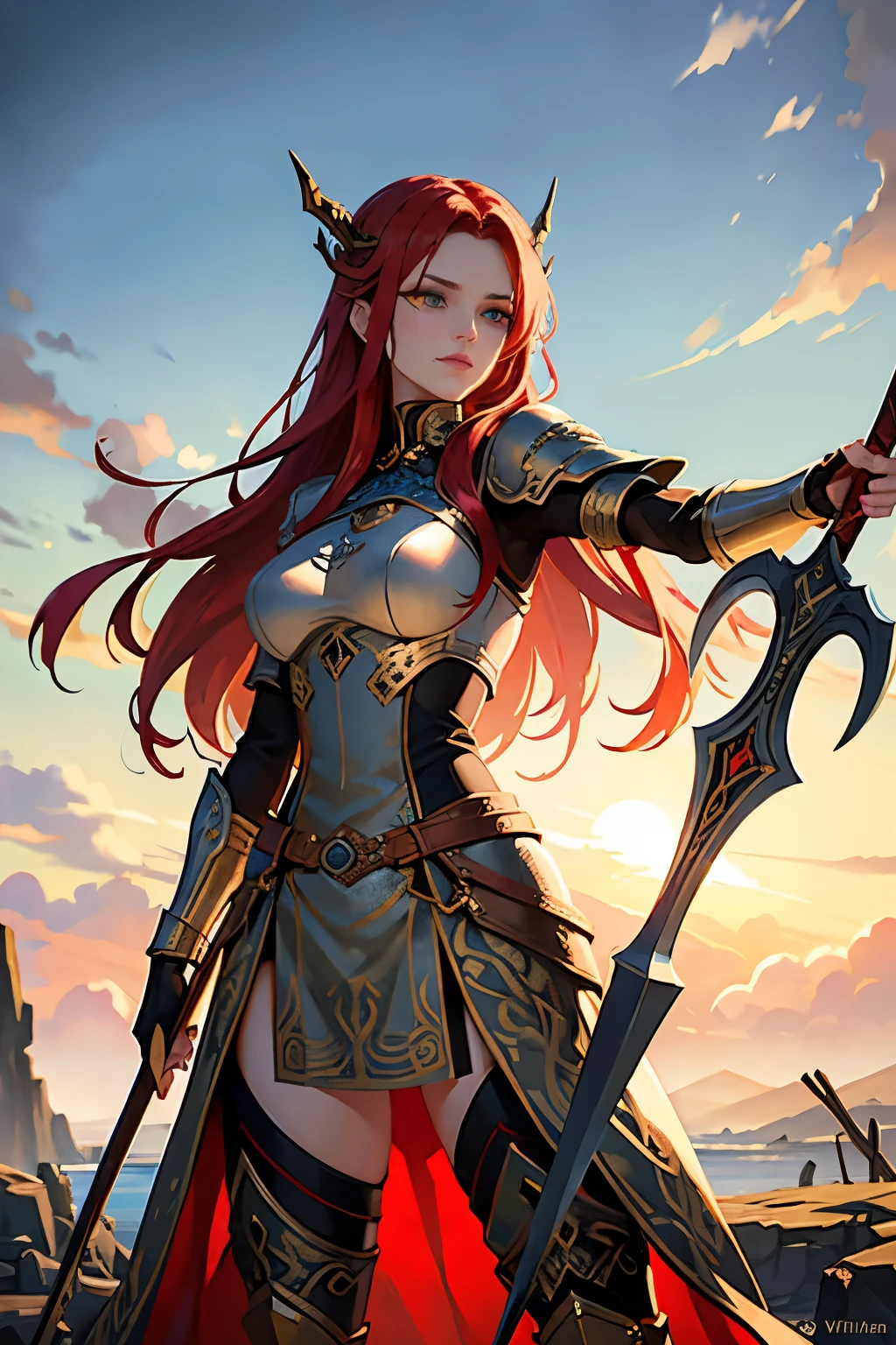 ((Masterpiece)) portrayal of a fierce female Viking warrior, ((best quality)). She stands proudly with her battle-scarred and painted face, accentuating her war-readiness. Her long, flowing red hair cascades down her back, catching the wind as she prepares for battle. In her powerful hand, she wields her battle axe with precision, its metallic surface gleaming under the sunlight. Her other hand grips her shield tightly, the intricate designs etched into its surface reflecting the sunlight.
The portrait is rendered in meticulous detail, ((detailed)), with each line and texture brought to life in ((perfect face)) perfection. Her eyes,