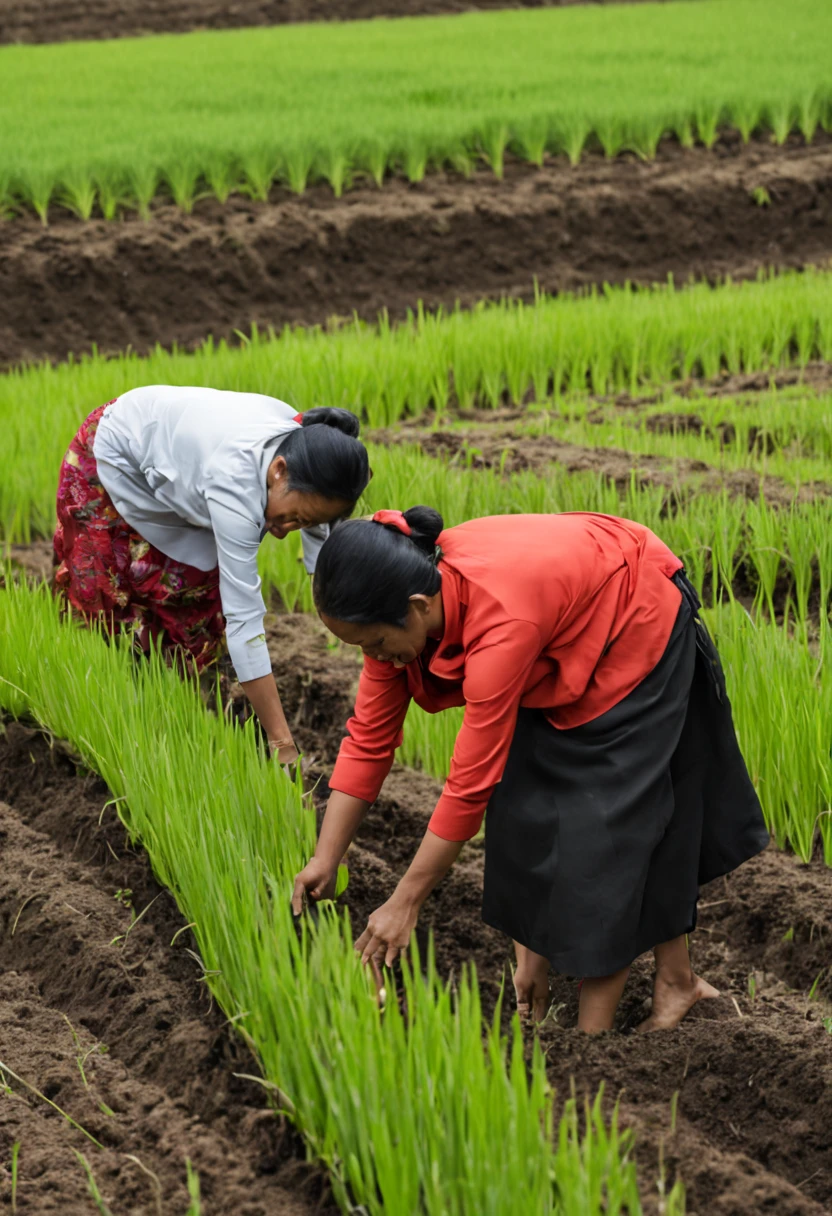 The Indonesian women were diligently planting rice plants in the soil, bending over at a 90-degree angle at the waist with their backs straight.