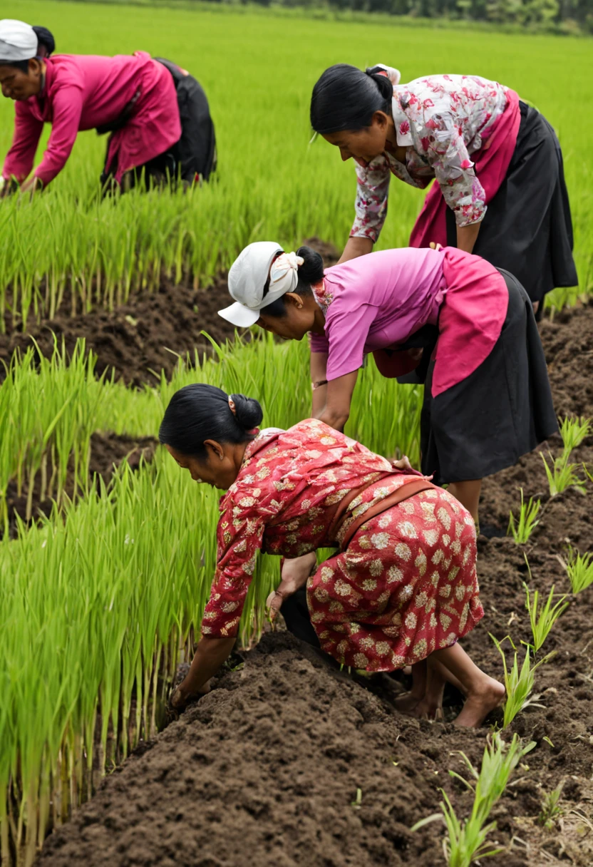 The Indonesian women were diligently planting rice plants in the soil, bending over at a 90-degree angle at the waist with their backs straight.