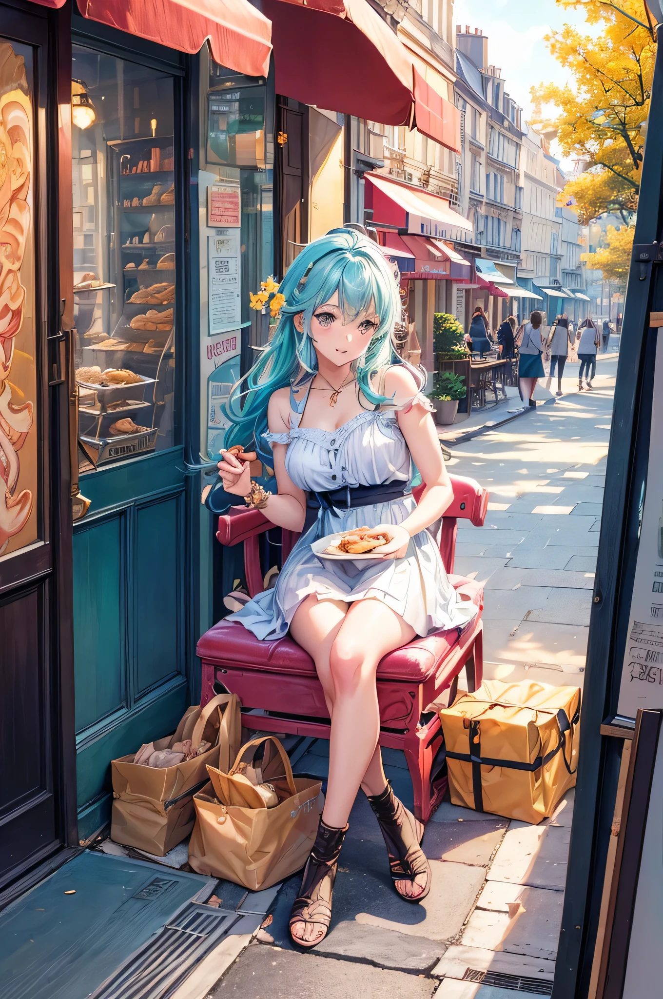 (Uma girl, estilo anime:1.1), (street cafe in Paris:1.2), (saboreando um croissant:1.1), (under the morning sun:1.1), (Estilo de arte colorido), (cores vibrantes), (design detalhado de personagens), (street surrounded by charming buildings), (pessoas que passam por ali:0.9), (Roupas da moda:1.1), (assentos aconchegantes ao ar livre:1.1), (bela arquitetura parisiense:1.2), (delicious pastries:1.1), (aroma of freshly brewed coffee:1.1), (French signage), (Candeeiros de rua elegantes), (caixas de janela cheias de flores), (Sunlight and playful shadows), (olhos estilo anime:1.1), (paleta de cores pastel suave:1.1), (atmosfera ensolarada:1.2), (Lively and energetic atmosphere), (authentic Parisian experience), (detalhes requintados),(melhor qualidade,high resolution), (Arte profissional), (Captivating scenery), (arte de rua), (atmosfera acolhedora).