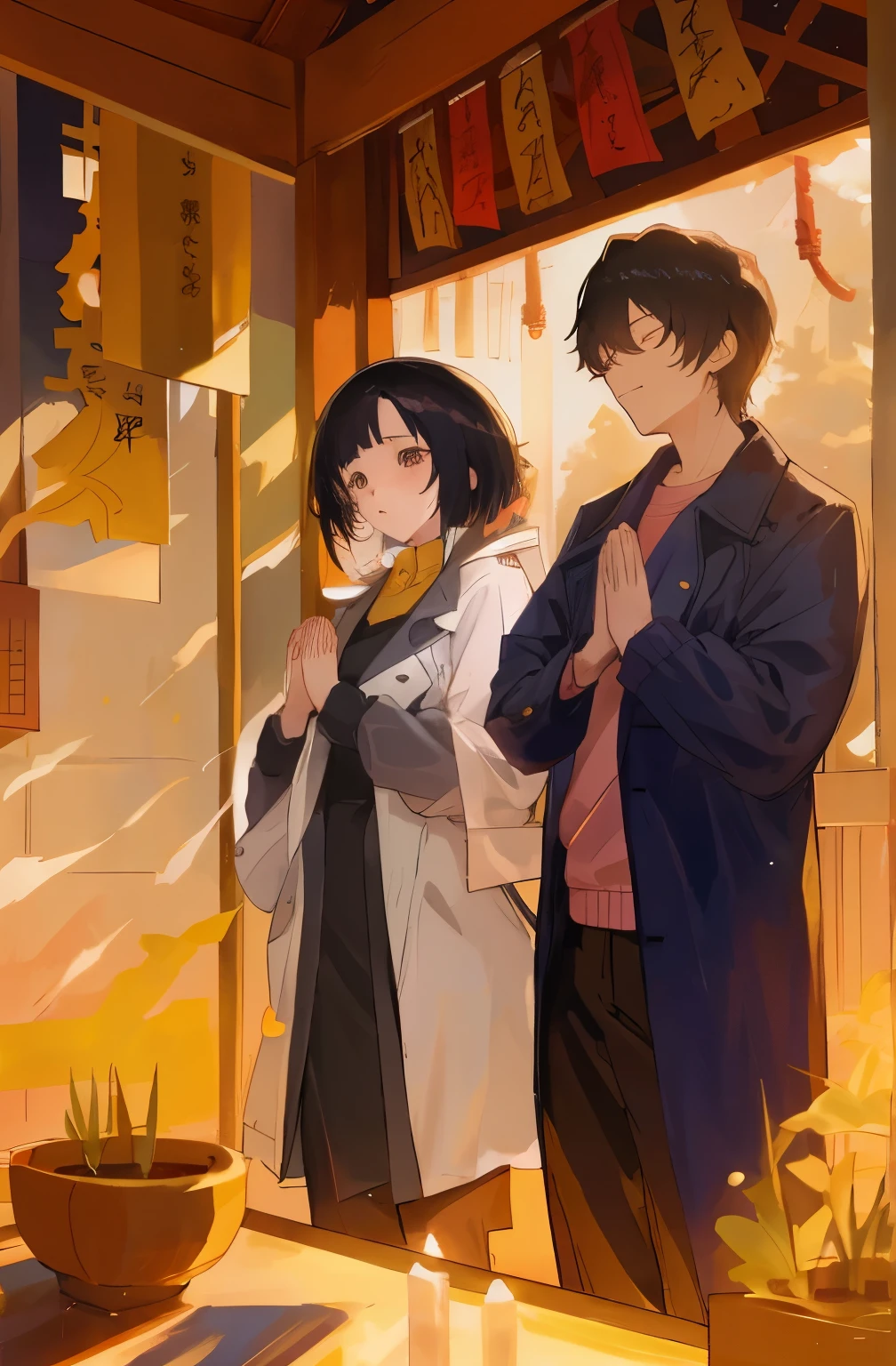 Anime style couple praying for blessings in temple，woman wearing windbreaker，man wearing trench coat，natural light，