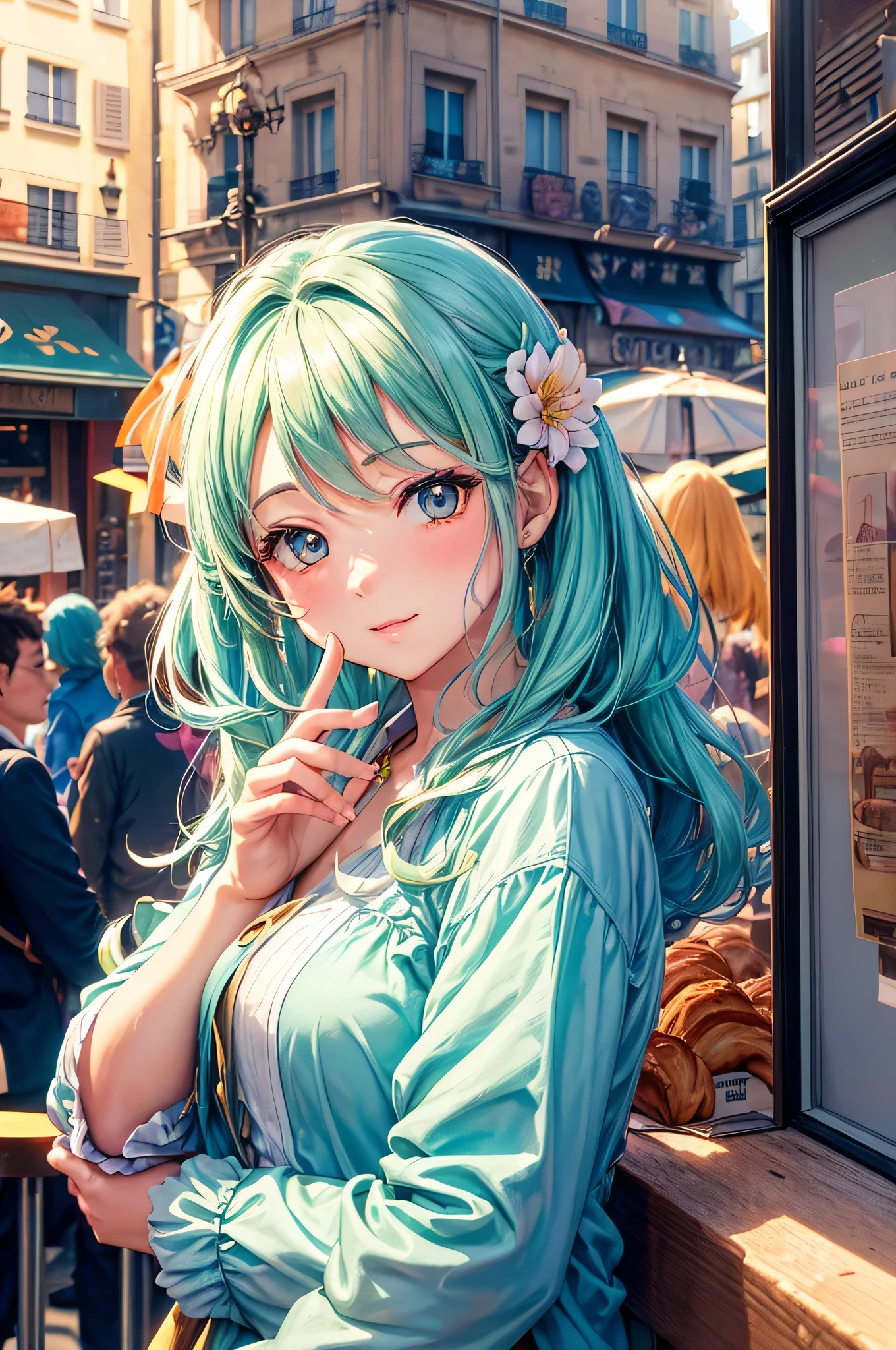 (Uma girl, estilo anime:1.1), (street cafe in Paris:1.2), (saboreando um croissant:1.1), (under the morning sun:1.1), (Estilo de arte colorido), (cores vibrantes), (design detalhado de personagens), (street surrounded by charming buildings), (pessoas que passam por ali:0.9), (Roupas da moda:1.1), (assentos aconchegantes ao ar livre:1.1), (bela arquitetura parisiense:1.2), (delicious pastries:1.1), (aroma of freshly brewed coffee:1.1), (French signage), (Candeeiros de rua elegantes), (caixas de janela cheias de flores), (Sunlight and playful shadows), (olhos estilo anime:1.1), (paleta de cores pastel suave:1.1), (atmosfera ensolarada:1.2), (Lively and energetic atmosphere), (authentic Parisian experience), (detalhes requintados),(melhor qualidade,high resolution), (Arte profissional), (Captivating scenery), (arte de rua), (atmosfera acolhedora).