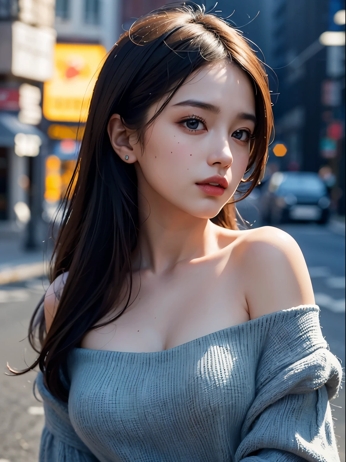 (8K, RAW photo, highest quality, High resolution:1.1), (hyperrealistic:1.4),(realistic, photorealistic:1.3), soft light,girl,realistic face,realistic body,realistic skin,disorganized,masterpiece,(cute:1.8),(big:1.2),sexual expression,鬠红,off shoulder knit,cleavage,film grain,cherry color lip,wet hair, close,viewers watching,long hair,whole body,upper teeth, Depth of bounds written, blurred background,focus of the eye,young,85mm lens,f/1.4,professional lighting,portrait,photon mapping,Physically based rendering,tattoo,embarrassing,Transparency,