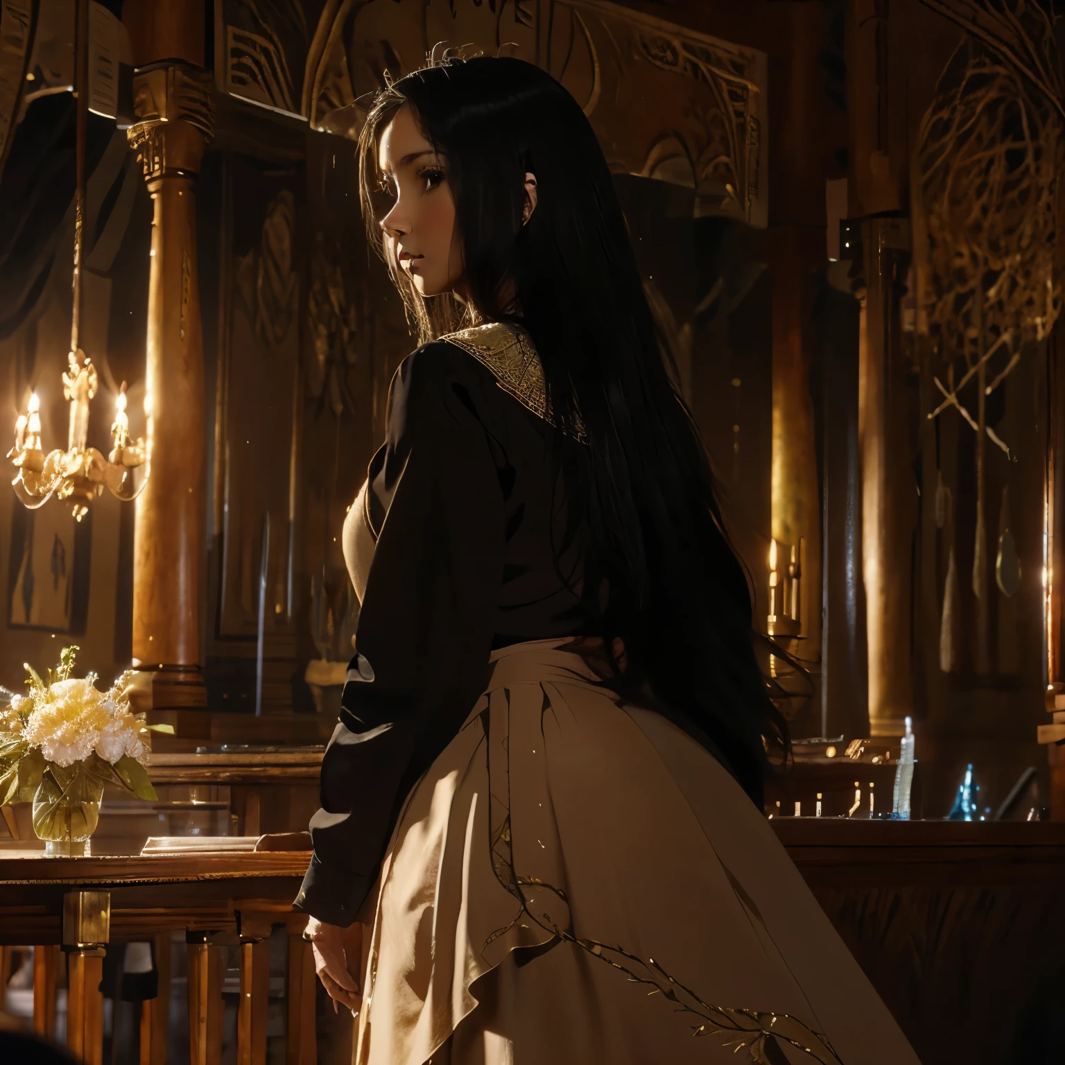 A beautiful young woman with tan skin and long black hair is on an adventure in a fantasy world filled with nature, magic and castles school
