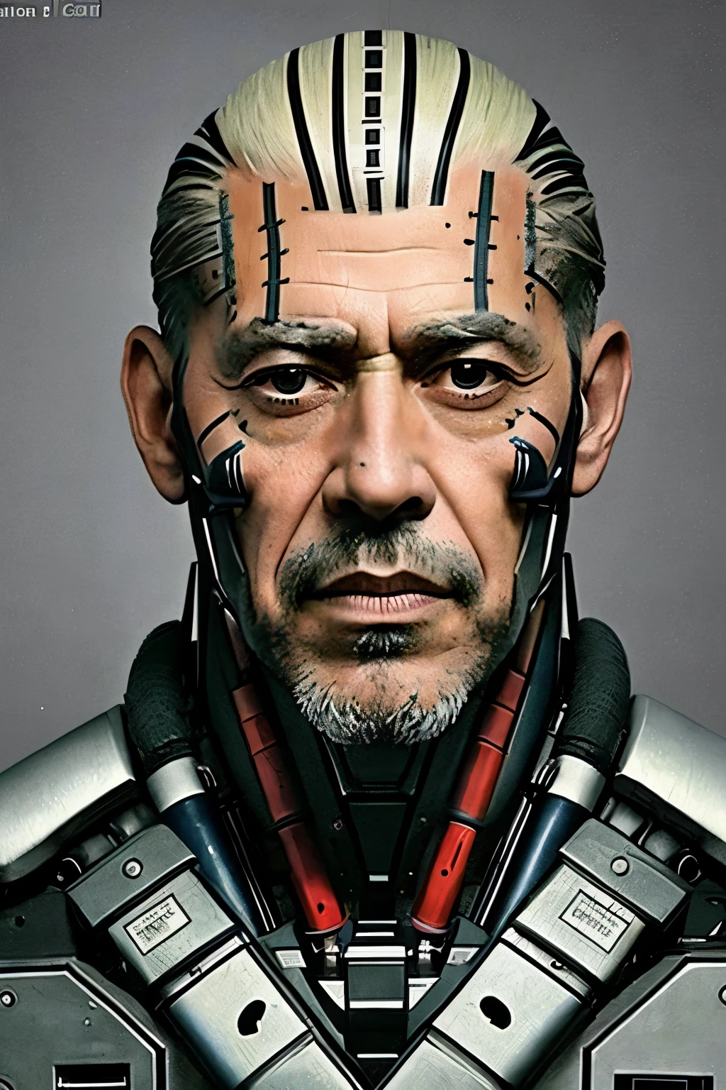 VintageMugshot, mugshot of the most dangerous man alive, police mugshot, prison mugshot, face tattoo, robotic eye, robotic parts on face, bionic implants, bionic, cyborg