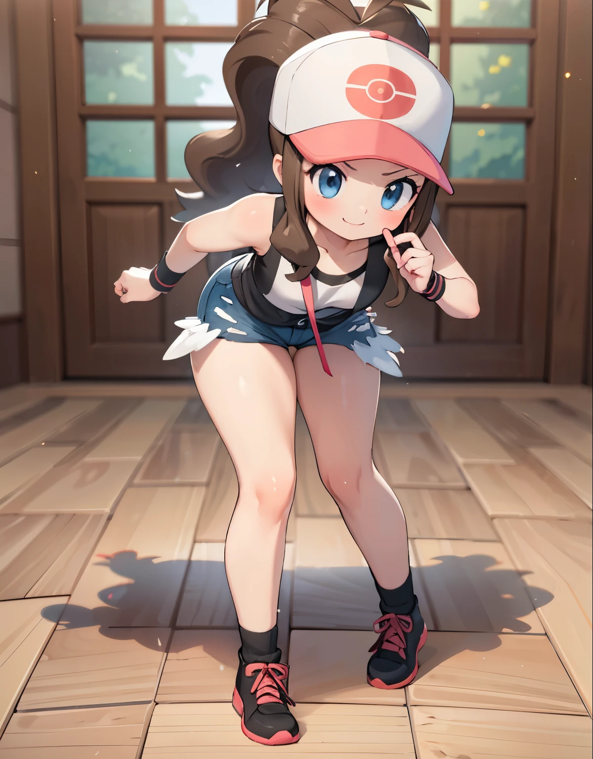 (best quality, highres, masterpiece:1.2), ultra-detailed, realistic:1.37, hilda pokemon, def1, curvy body, curvy, visible thighs, thick thighs, thighs in the foreground, annoyed look, smile, body shape, fullbody, encanto femenino, nsfw, dinamic pose, room, party, people around her, people taking pictures with their cell phones, hero view, full body view top to bottom, bend down pose round mole ass viewing, pokeball, hero view