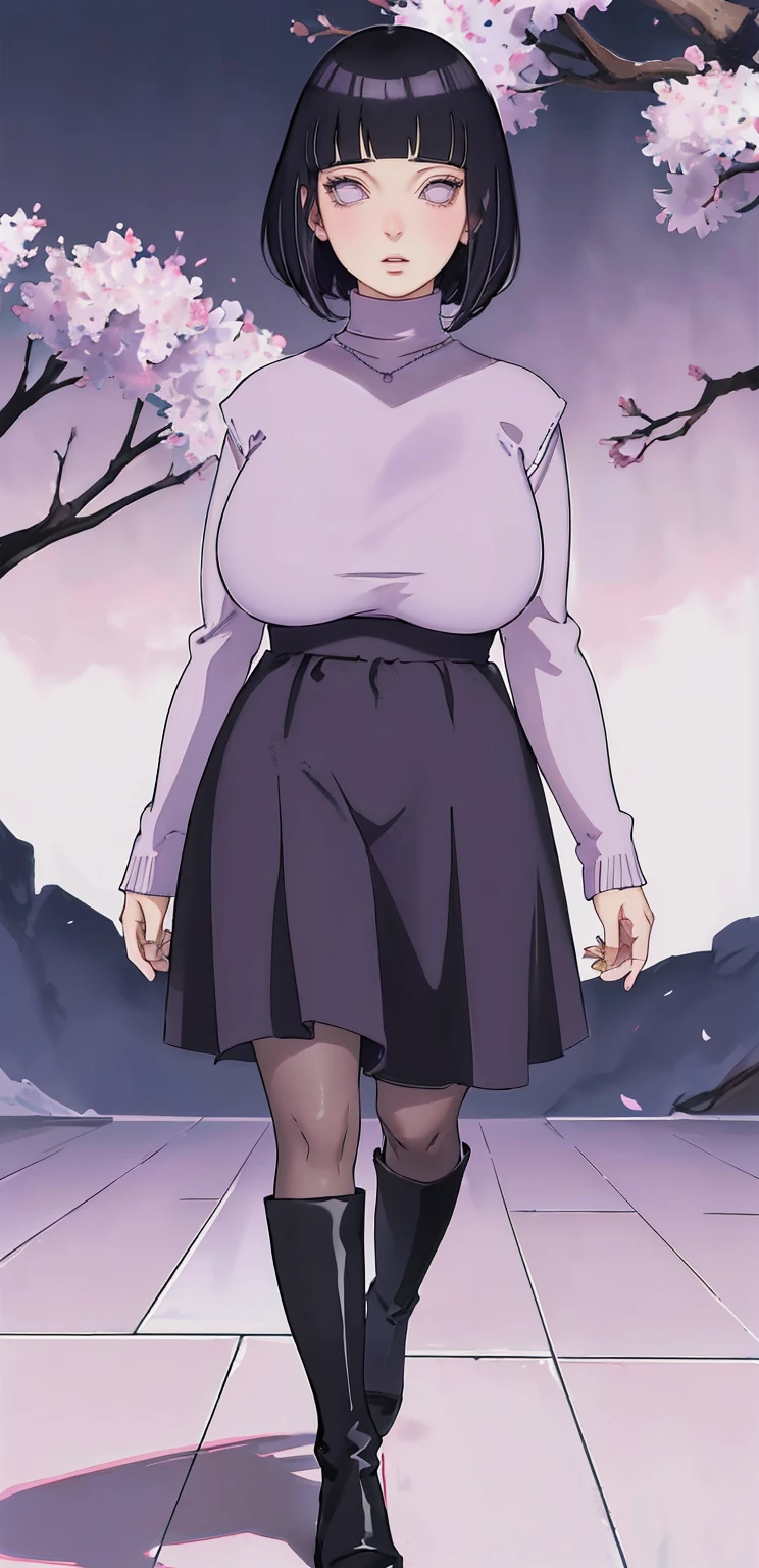 { - anatomy error} (Masterpiece - Ultra-detailed, very high resolution) (huge titusty, masterpiece, absurdres, hinata\(boruto\), 1girl, solo,mature female, lilac turtleneck blouse, high waist black long skirt, looking at viewelling petals), perfect composition, detailed lips, big breast, beautiful face, body propotion, blush, (pink lips), short hair, (black hair), purple eyes, soft gaze, super realistic, detailed, photoshoot, realistic face and body, closed mouth,  lilac eyes, full body, walking on the floor , black boots, inocent face, hidden hands