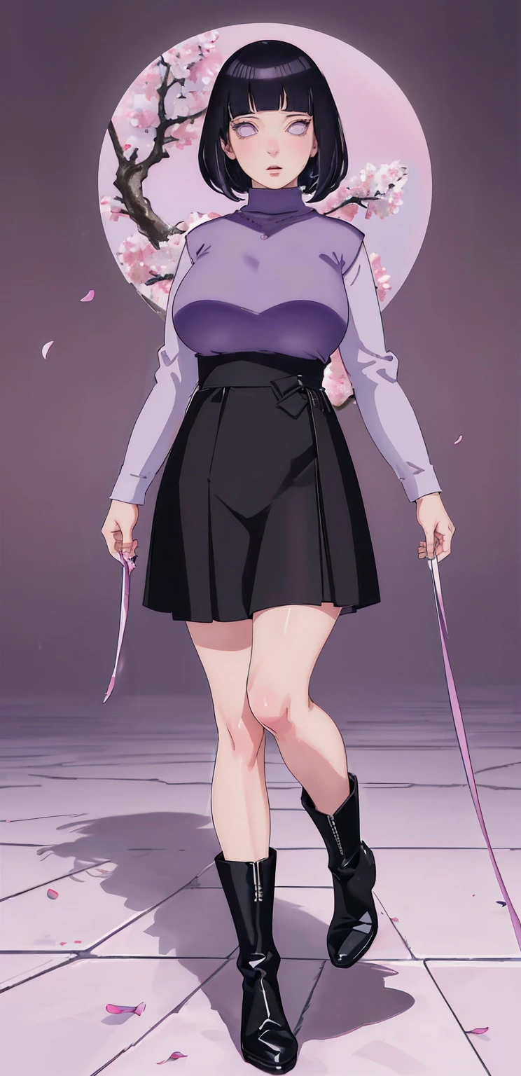 { - anatomy error} (Masterpiece - Ultra-detailed, very high resolution) (huge titusty, masterpiece, absurdres, hinata\(boruto\), 1girl, solo,mature female, lilac turtleneck blouse, high waist black long skirt, looking at viewelling petals), perfect composition, detailed lips, big breast, beautiful face, body propotion, blush, (pink lips), short hair, (black hair), purple eyes, soft gaze, super realistic, detailed, photoshoot, realistic face and body, closed mouth,  lilac eyes, full body, walking on the floor , black boots, inocent face, hidden hands