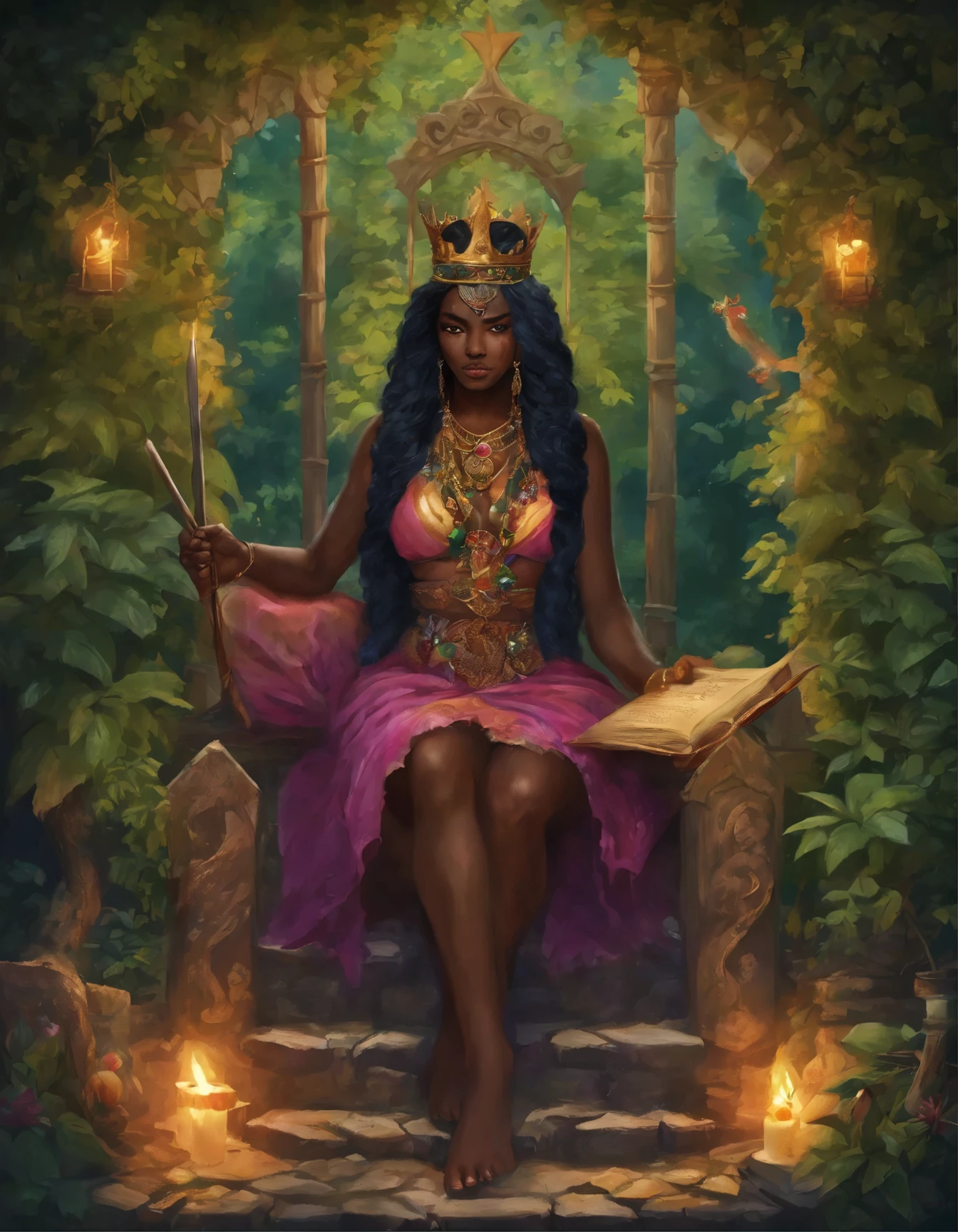 Benevolent enrobed ((plump ((dark-skinned Haitian)) goddess)) with long braided grey hair sitting in a throne with her pretty perfect manicured feet up while reading a mystic tome, lwa veve tattoos on arms and legs, wearing golden bracelets and anklets, plump thighs, high quality photo, in the middle of the ???????? sativa forest behind her,