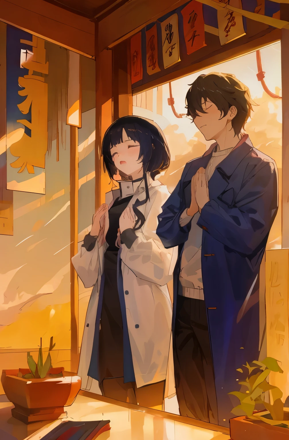 Anime style couple praying for blessings in temple，woman wearing windbreaker，man wearing trench coat，natural light，