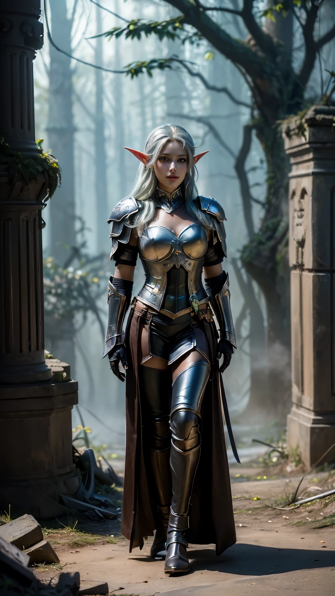 (Numerous award-winning masterpiece, with incredible detail, textures and maximum detail), (hyper realistic:1.4), (Full body image:1.8),((fantasy world)),  (Beautiful elf female hunter:1.8),(languid and bewitching smile on the lips:1.5)(Seductive Gaze:1.9), best quality real texture skin, (bewitching finely Detailed and beautiful face:1.6),(Wearing a hunter leather armor  set:1.99)(Image of aesthetic and decadent atmosphere:1.9), (fair but beautiful skin and face:1.8), (wearing many decadent and delicately crafted accessories:1.8),(Two eyes that emit strong green light from inside:1.4), ((dramatic photo)), ((cinematic light)),(dramatic pose), (smoke effects and bewitching light:1.4), (beautiful silver hair, Wind Effects:1.6), (Ruins of an old castle:1.7), (forest:1.6), pic realistic, faded, ((neutral colors)), art, (hdr:1.5), (muted colors:1.2), hyper detailed, (art station:1.5), cinematic, warm lights, light effect, dramatic light, (intricate details:1.1), complex background, 