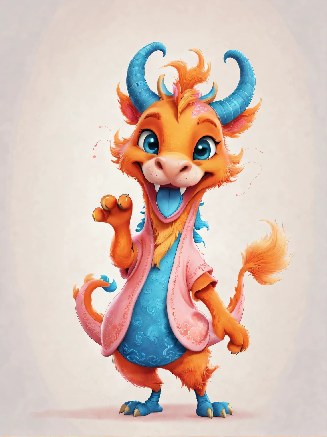 role conception, Featuring the adorable zodiac sign Dragon,exaggerated gait, orange fur, big blue eyes, Squint your eyes and smile mischievously (Crescent), Wearing scarlet clothes, range mark drawing, monochrome, Ballpoint pen outline, 4K, soft pink, interesting,