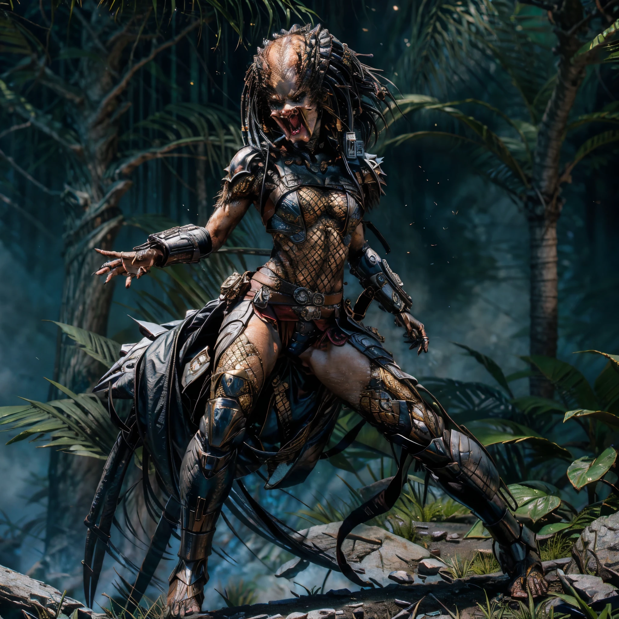 Female Yautja (the alien from the movie PREDATOR)))) here seductively showing her beautiful body on the beach and on the hunt, perfect cleavage, the camera hyper realistic, (((Huge DDDD PERKY tits:1.0))) extremely detailed, extremely detailed face and eyes, detailed skin texture, (best quality,4k,8k,highres,masterpiece:1.2),ultra-detailed,(realistic,photorealistic,photo-realistic:1.37),HDR,UHD,studio lighting,ultra-fine painting,sharp focus,physically-based rendering,extreme detail description,professional,vivid colors,bokeh,fantasy,concept art,dynamic pose,muscular arms,strong legs,perfect shapely ass,high fantasy armor,large breasts,slender curvy body,thin waist,extremely detailed facial features,piercing eyes