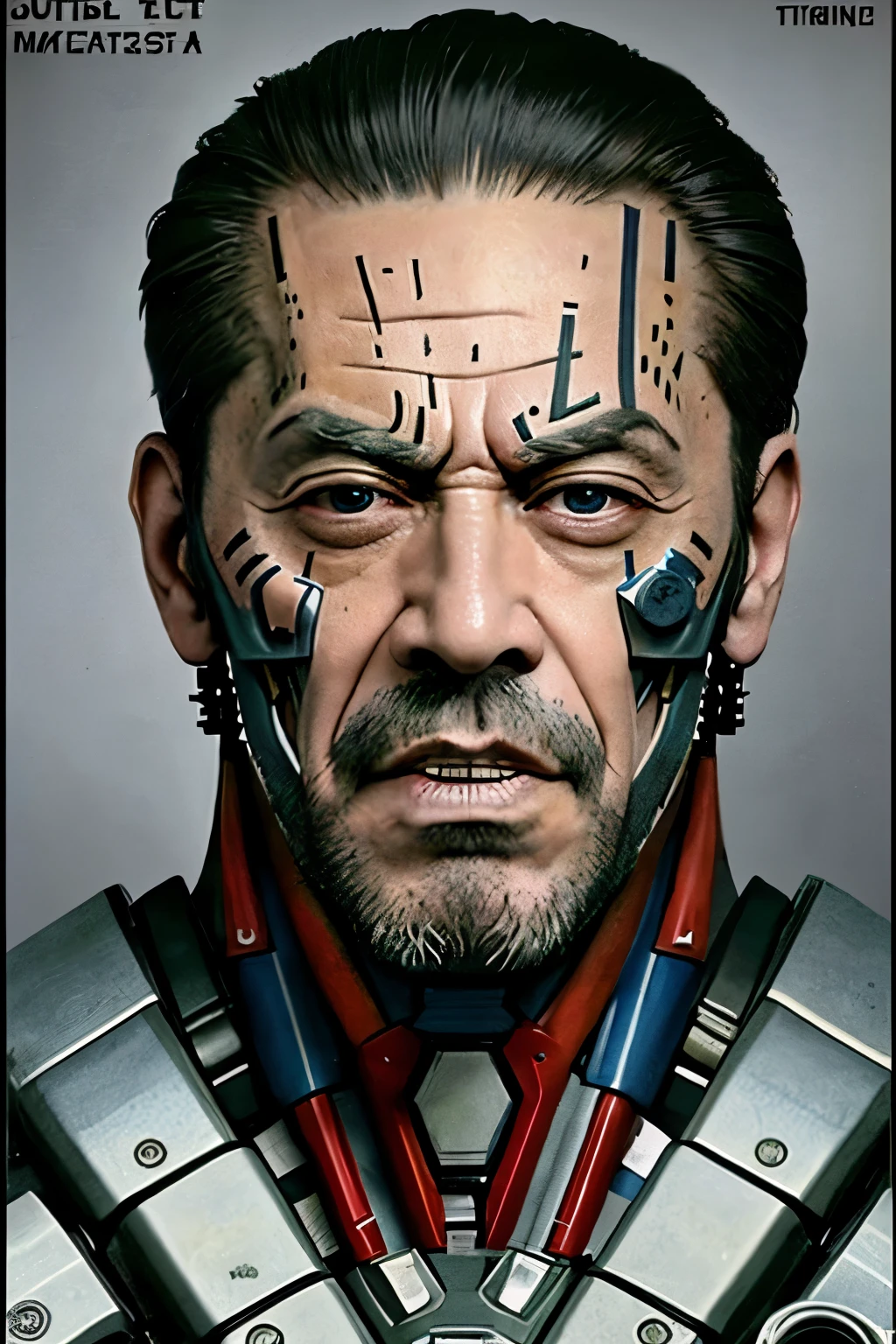 VintageMugshot, mugshot of the most dangerous man alive, police mugshot, prison mugshot, face tattoo, robotic eye, robotic parts on face, bionic implants, bionic, cyborg, angry, mad, frown eyebrow, anger