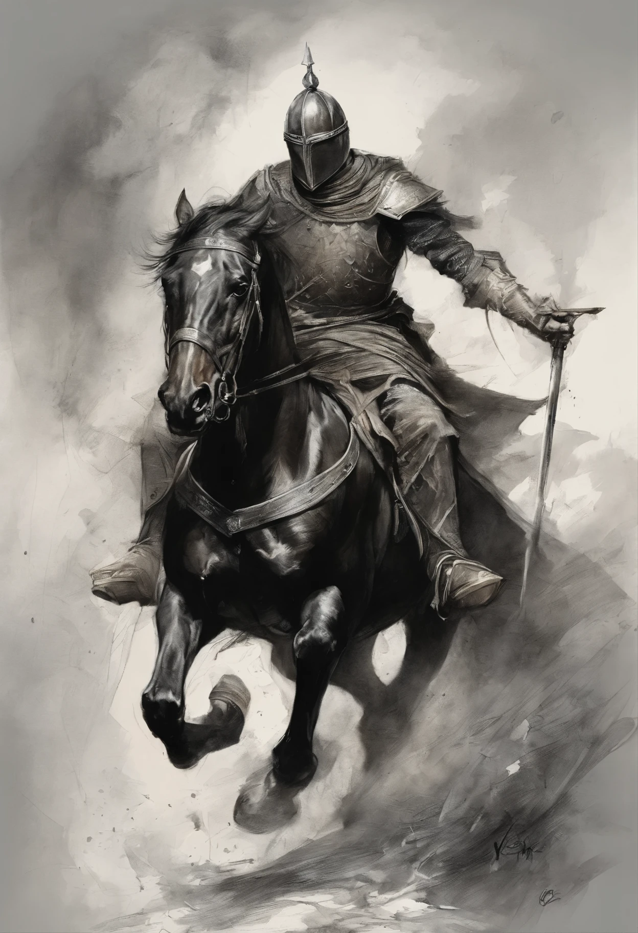 A Black knight appears galloping determinedly on a White steed. The white steed faces the right. The knight dressed in black robes with a spear and a black an white flag, holds the reins firmly while looking to the lef. Art by Yoji Shinkawa, symmetric circular iris, approaching perfection, pure form, minimalistic, isometric, concept art by Brian Froud, by Carne Griffiths, by Wadim Kashin, by John William Waterhouse, intricate details, 8k post production, high resolution, TanvirTamim, hyperdetailed, trending on artstation, sharp focus, studio photo, intricate details, highly detailed, by greg rutkowski