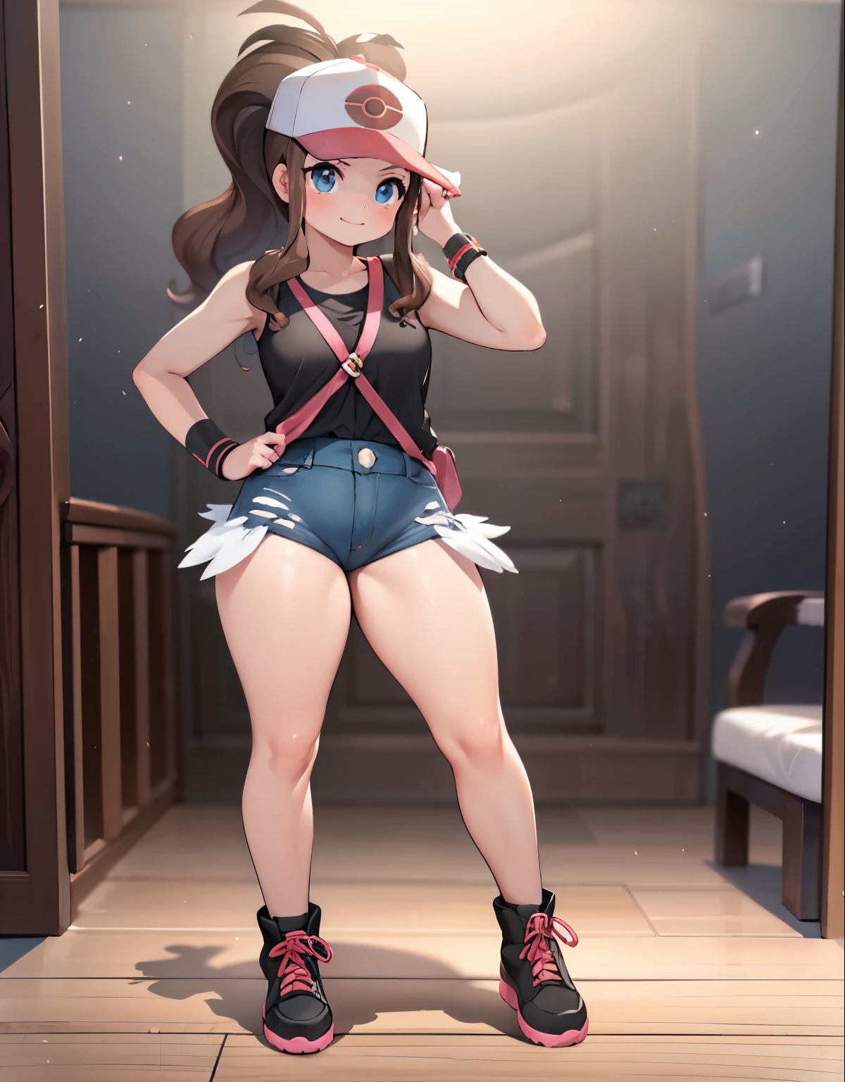 (best quality, highres, masterpiece:1.2), ultra-detailed, realistic:1.37, hilda pokemon, def1, curvy body, curvy, visible thighs, thick thighs, thighs in the foreground, annoyed look, smile, body shape, fullbody, encanto femenino, nsfw, dinamic pose, room, party, people around her, people taking pictures with their cell phones, hero view, full body view top to bottom, bend down pose round mole ass viewing, pokeball, hero view