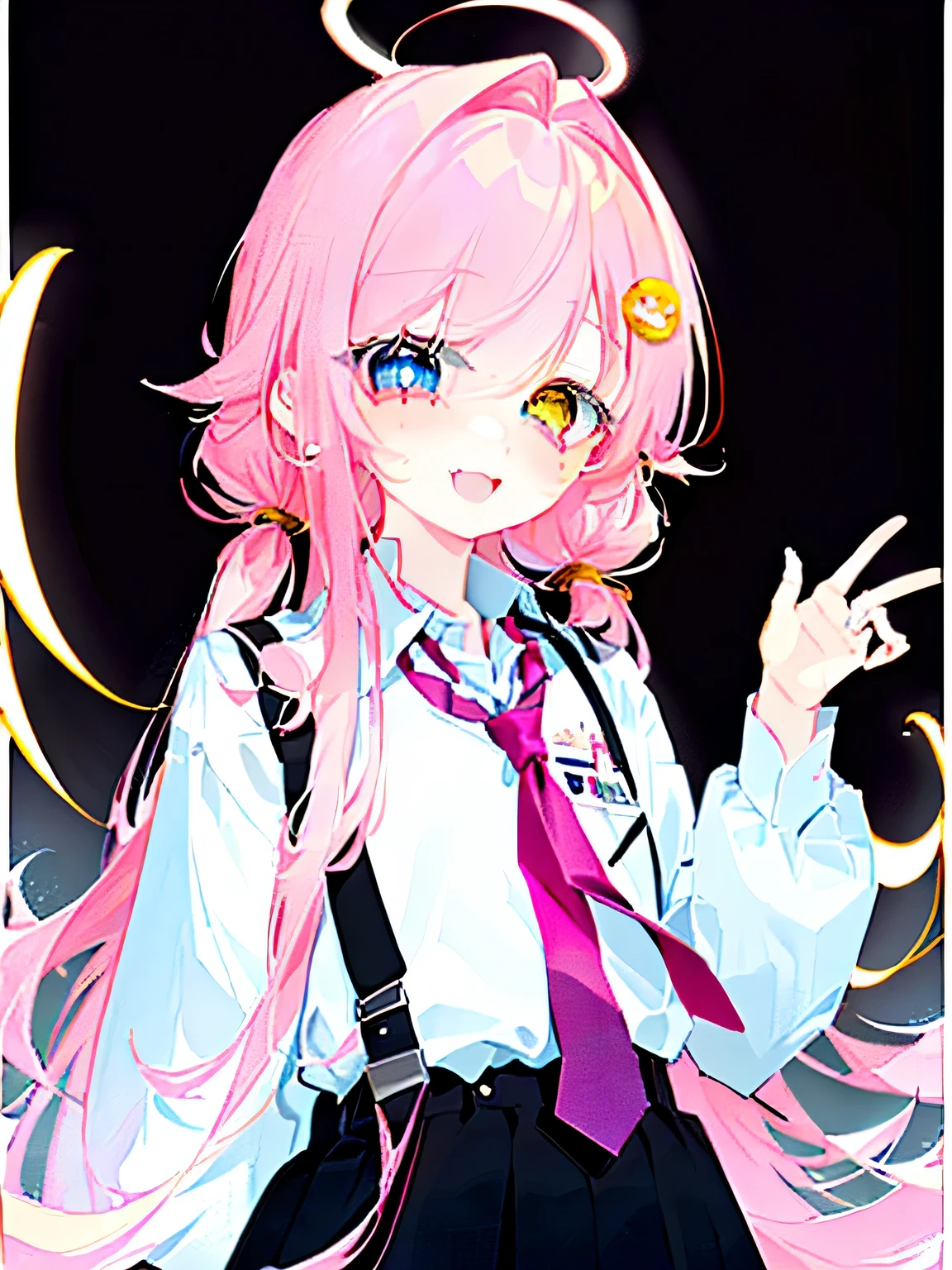 ahog, pink_hair, long_hair, halo, Bangs, blue_Eye, Very_long_hair, Yellow_Eye, Heterochromia, Open_Mouth, blush, hair_between_Eye, Smile, direction, tie，low saturation