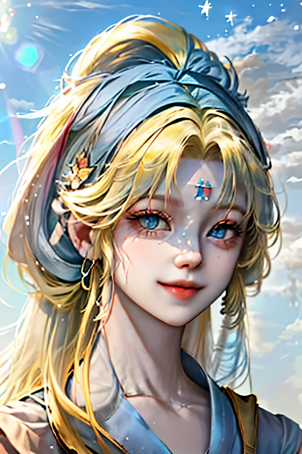 masterpiece, highest quality, highest quality, (Complex:1.2), beautiful eyes, 1 girl, alone, outdoor, blue sky, cloudy, Bokeh, Lens flare, anamorphic Lens flare, Depth of bounds written, fascinating face, enchanting smile, Heanna_Sumire, yellow hair, red headband,