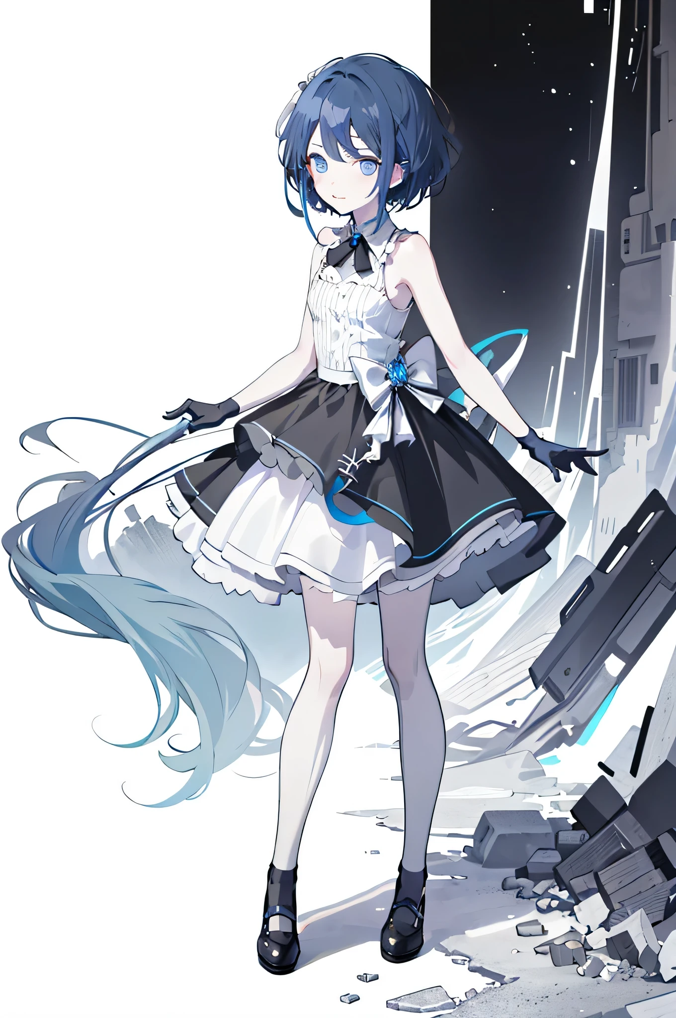 (8K, best quality, master piece:1.2),\(eye details\),\(facial features\),(\(Clothing details Body details Lesbian,(surface focus) ,Highly detailed CG integrated 8k wallpaper,huge file size,super detailed,High resolution,dramatic shadow,dramatic angle,hyper detail,(1 girl:1.3),(alone),,(:1.4),Kiritani Haruka,(/blue hair/),Short hair details,(a sister's head:1.32),shining eyes,(no feeling:1.25),gothic clothes,straight dress,long gloves with black lace.dark gray, (heavy Monochrome:1.16),(Depth of bounds written:1.4).On the background of ruins,full moon,((whole body)),
