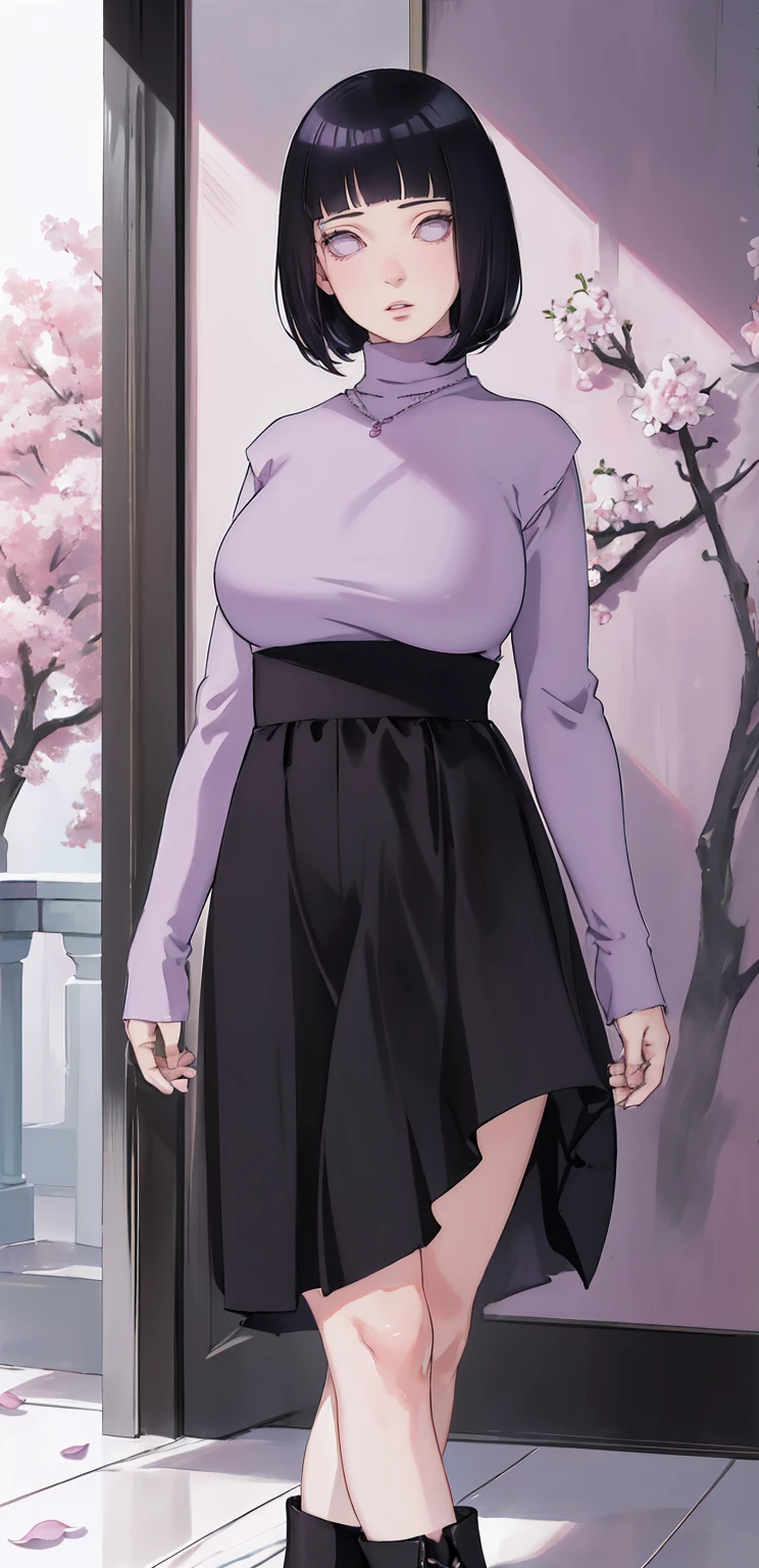 { - anatomy error} (Masterpiece - Ultra-detailed, very high resolution) (huge titusty, masterpiece, absurdres, hinata\(boruto\), 1girl, solo,mature female, lilac turtleneck blouse, high waist black long skirt, looking at viewelling petals), perfect composition, detailed lips, big breast, beautiful face, body propotion, blush, (pink lips), short hair, (black hair), purple eyes, soft gaze, super realistic, detailed, photoshoot, realistic face and body, closed mouth,  lilac eyes, full body, walking on the floor , black boots, inocent face, hidden hands