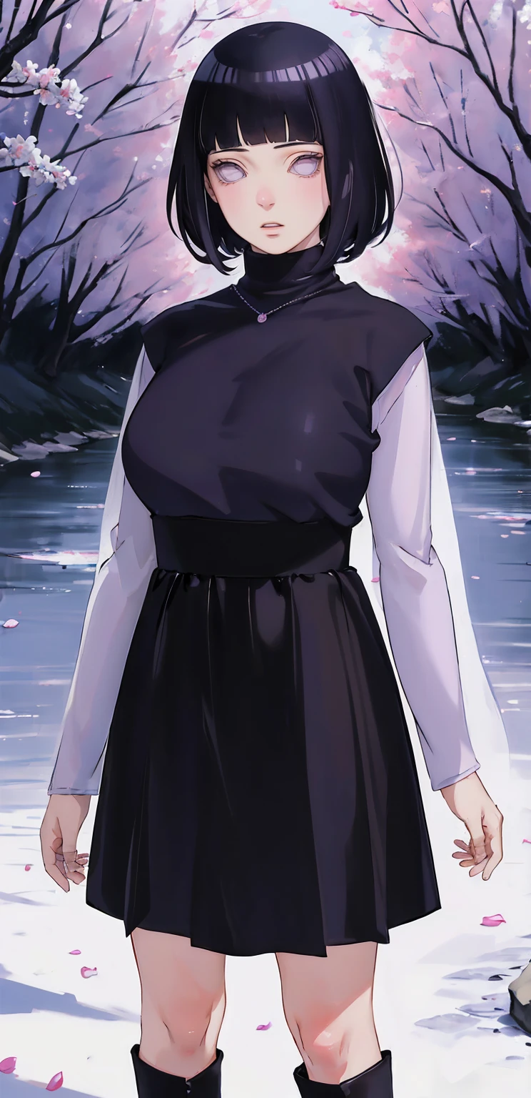 { - anatomy error} (Masterpiece - Ultra-detailed, very high resolution) (huge titusty, masterpiece, absurdres, hinata\(boruto\), 1girl, solo,mature female, lilac turtleneck blouse, high waist black long skirt, looking at viewelling petals), perfect composition, detailed lips, big breast, beautiful face, body propotion, blush, (pink lips), short hair, (black hair), purple eyes, soft gaze, super realistic, detailed, photoshoot, realistic face and body, closed mouth,  lilac eyes, full body, walking on the floor , black boots, inocent face, hidden hands