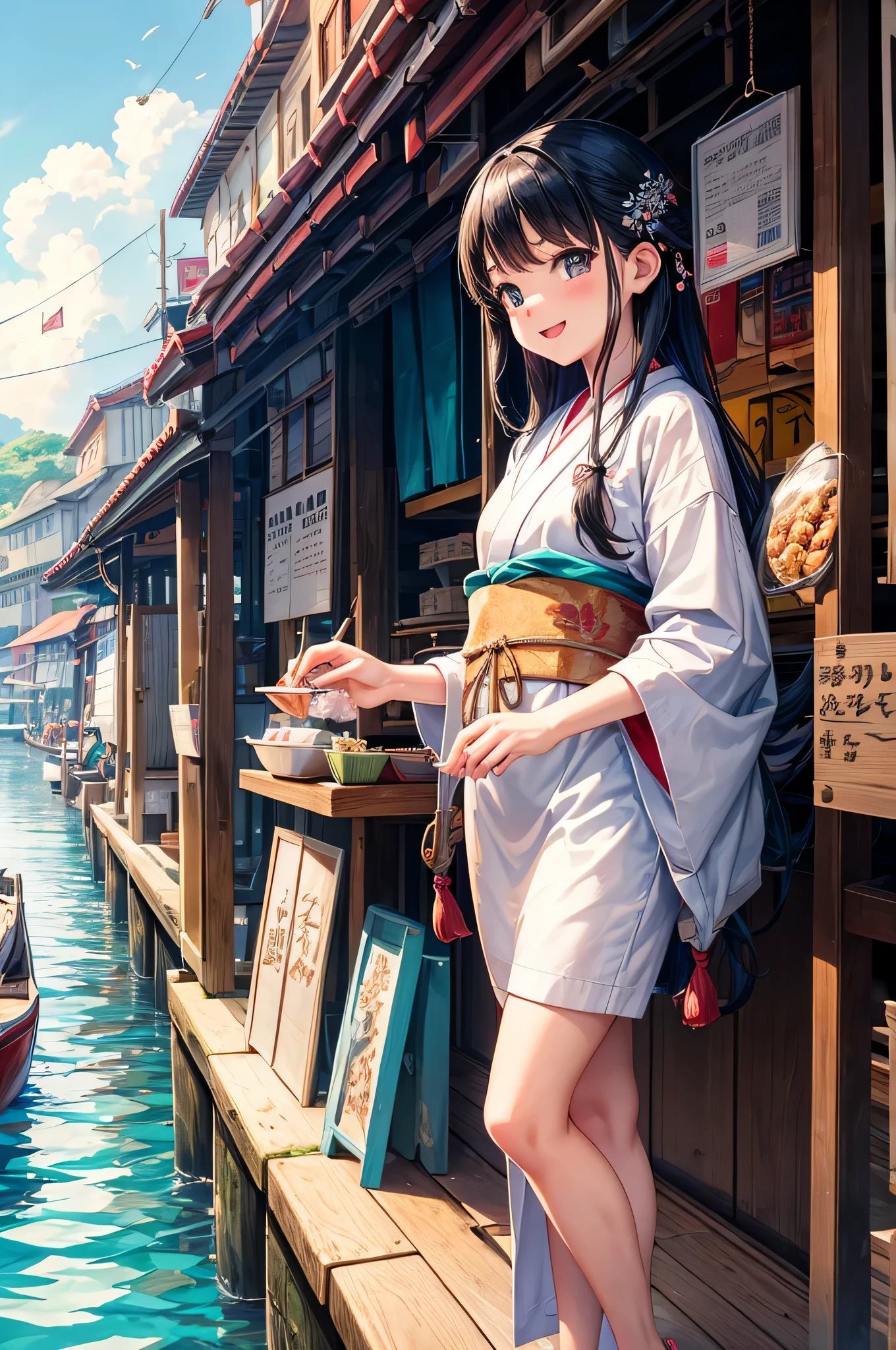 (melhor qualidade,high resolution),(anime:1.2),( detalhada:1.1),cena colorida do mercado,Mercado de Peixe,paisagem urbana em estilo cartoon,vista do oceano,gaivotas voando,Mercado lotado,barcos de pesca,traditional fishing village,fresh seafood display,cores vibrantes,Arquitetura tradicional japonesa,Sun filtering through the clouds,becos estreitos cheios de vendedores,cobblestone walkways,garota de anime com grandes olhos brilhantes,escamas de peixe brilhantes,roupa divertida de marinheiro,delicioso aroma de frutos do mar grelhados,atmosfera alegre e animada,clear blue sky reflecting in the water,Emotion and energy in the air,small wooden stalls selling various products,gritos de pescadores ecoando ao longe,anime girl surrounded by friendly locals and tourists,pescadores descarregando suas capturas,authentic cultural experience,happy expressions on people's faces,excited expression of admiration and curiosity in the girl's eyes,snap of cameras capturing the busy scene,market adorned with colorful banners and decorations,personagens animados de outros animes vagando pelo mercado,delicate cherry blossom petals floating in the breeze,pontes de madeira tradicionais sobre pequenos canais,barcos que transportam frutos do mar frescos para o mercado,traces of paint and watercolor in the background,barracas que vendem doces e salgadinhos tradicionais japoneses,ondas brilhantes batendo suavemente contra a costa rochosa,deliciosa mistura de elementos modernos e tradicionais,cabelo de garota de anime fluindo ao vento,traditional music playing in the background,gaivotas brincalhonas descendo para pegar peixes,garota de anime saboreando uma tigela de ramen em um vendedor ambulante,authentic and vibrant market environment.
