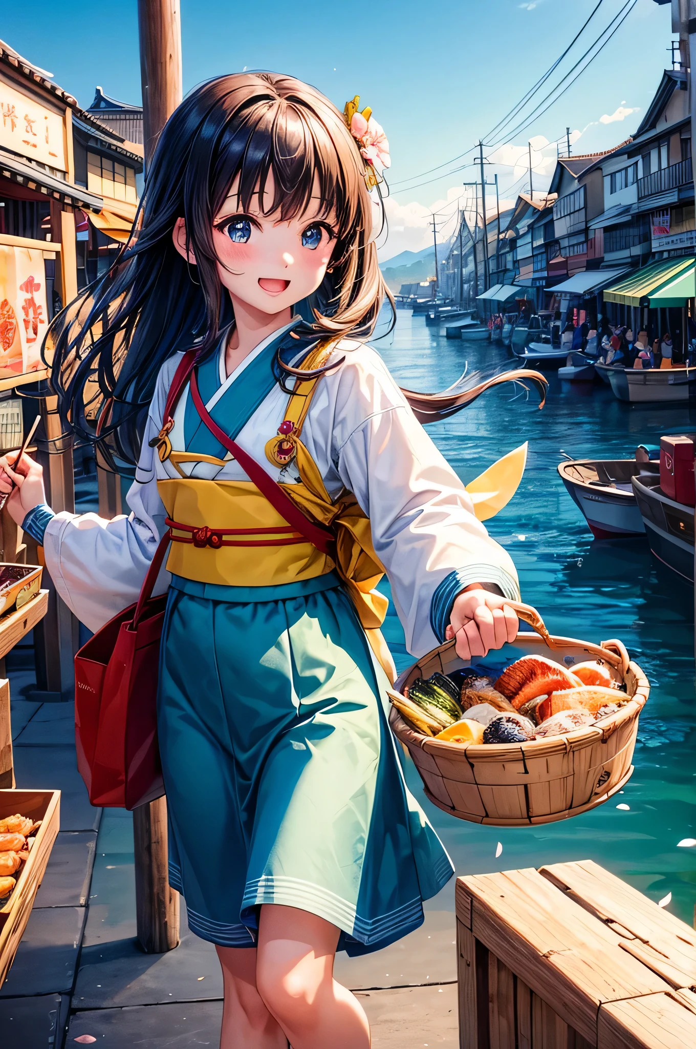 (melhor qualidade,high resolution),(anime:1.2),( detalhada:1.1),cena colorida do mercado,Mercado de Peixe,paisagem urbana em estilo cartoon,vista do oceano,gaivotas voando,Mercado lotado,barcos de pesca,traditional fishing village,fresh seafood display,cores vibrantes,Arquitetura tradicional japonesa,Sun filtering through the clouds,becos estreitos cheios de vendedores,cobblestone walkways,garota de anime com grandes olhos brilhantes,escamas de peixe brilhantes,roupa divertida de marinheiro,delicioso aroma de frutos do mar grelhados,atmosfera alegre e animada,clear blue sky reflecting in the water,Emotion and energy in the air,small wooden stalls selling various products,gritos de pescadores ecoando ao longe,anime girl surrounded by friendly locals and tourists,pescadores descarregando suas capturas,authentic cultural experience,happy expressions on people's faces,excited expression of admiration and curiosity in the girl's eyes,snap of cameras capturing the busy scene,market adorned with colorful banners and decorations,personagens animados de outros animes vagando pelo mercado,delicate cherry blossom petals floating in the breeze,pontes de madeira tradicionais sobre pequenos canais,barcos que transportam frutos do mar frescos para o mercado,traces of paint and watercolor in the background,barracas que vendem doces e salgadinhos tradicionais japoneses,ondas brilhantes batendo suavemente contra a costa rochosa,deliciosa mistura de elementos modernos e tradicionais,cabelo de garota de anime fluindo ao vento,traditional music playing in the background,gaivotas brincalhonas descendo para pegar peixes,garota de anime saboreando uma tigela de ramen em um vendedor ambulante,authentic and vibrant market environment.