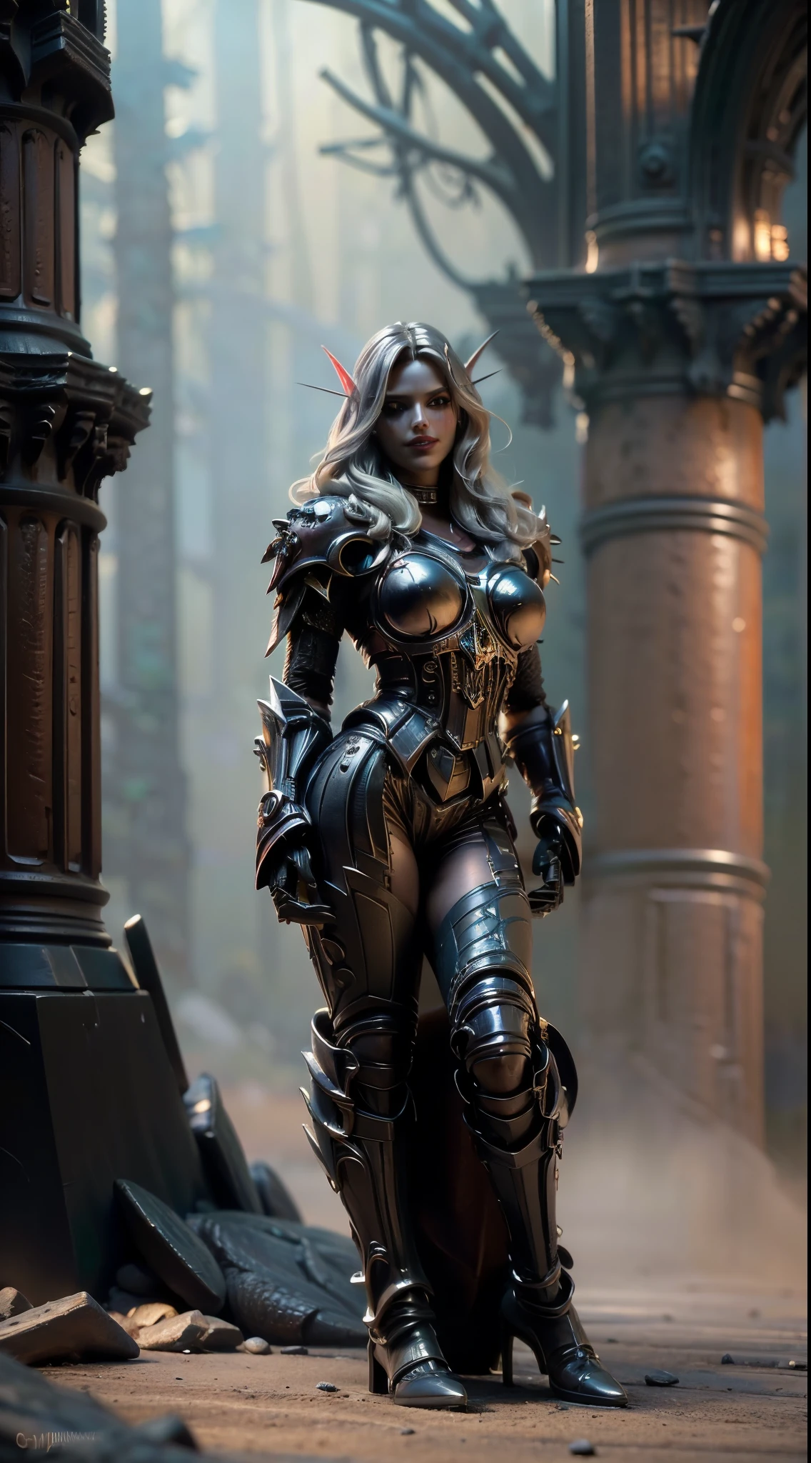 (Numerous award-winning masterpiece, with incredible detail, textures and maximum detail), (hyper realistic:1.4), (Full body image:1.8),((fantasy world)),  (Beautiful elf female hunter:1.8),(languid and bewitching smile on the lips:1.5)(Seductive Gaze:1.9), best quality real texture skin, (bewitching finely Detailed and beautiful face:1.6),(Wearing a hunter leather armor  set:1.99)(Image of aesthetic and decadent atmosphere:1.9), (fair but beautiful skin and face:1.8), (wearing many decadent and delicately crafted accessories:1.8),(Two eyes that emit strong green light from inside:1.4), ((dramatic photo)), ((cinematic light)),(dramatic pose), (smoke effects and bewitching light:1.4), (beautiful silver hair, Wind Effects:1.6), (Ruins of an old castle:1.7), (forest:1.6), pic realistic, faded, ((neutral colors)), art, (hdr:1.5), (muted colors:1.2), hyper detailed, (art station:1.5), cinematic, warm lights, light effect, dramatic light, (intricate details:1.1), complex background, 