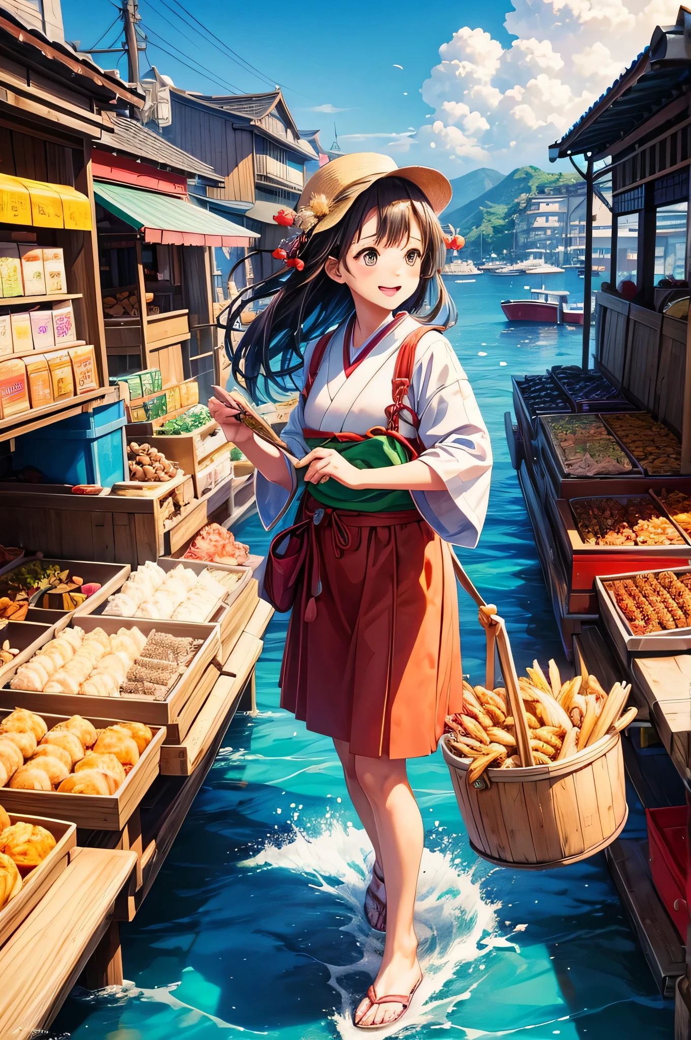 (melhor qualidade,high resolution),(anime:1.2),( detalhada:1.1),cena colorida do mercado,Mercado de Peixe,paisagem urbana em estilo cartoon,vista do oceano,gaivotas voando,Mercado lotado,barcos de pesca,traditional fishing village,fresh seafood display,cores vibrantes,Arquitetura tradicional japonesa,Sun filtering through the clouds,becos estreitos cheios de vendedores,cobblestone walkways,garota de anime com grandes olhos brilhantes,escamas de peixe brilhantes,roupa divertida de marinheiro,delicioso aroma de frutos do mar grelhados,atmosfera alegre e animada,clear blue sky reflecting in the water,Emotion and energy in the air,small wooden stalls selling various products,gritos de pescadores ecoando ao longe,anime girl surrounded by friendly locals and tourists,pescadores descarregando suas capturas,authentic cultural experience,happy expressions on people's faces,excited expression of admiration and curiosity in the girl's eyes,snap of cameras capturing the busy scene,market adorned with colorful banners and decorations,personagens animados de outros animes vagando pelo mercado,delicate cherry blossom petals floating in the breeze,pontes de madeira tradicionais sobre pequenos canais,barcos que transportam frutos do mar frescos para o mercado,traces of paint and watercolor in the background,barracas que vendem doces e salgadinhos tradicionais japoneses,ondas brilhantes batendo suavemente contra a costa rochosa,deliciosa mistura de elementos modernos e tradicionais,cabelo de garota de anime fluindo ao vento,traditional music playing in the background,gaivotas brincalhonas descendo para pegar peixes,garota de anime saboreando uma tigela de ramen em um vendedor ambulante,authentic and vibrant market environment.