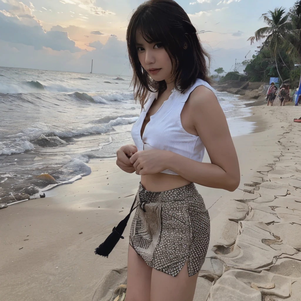 Wanita cantik berjalan telanjang di tepi pantai