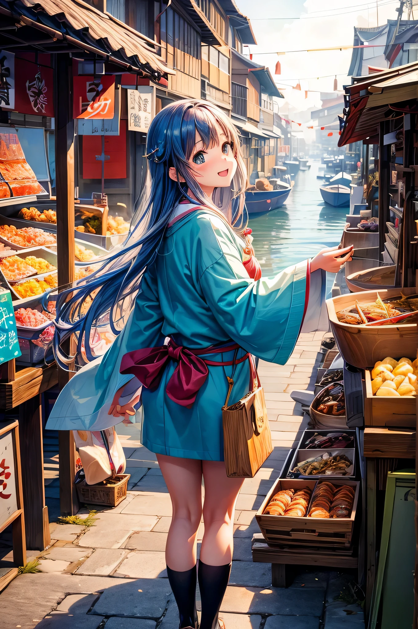 (melhor qualidade,high resolution),(anime:1.2),( detalhada:1.1),cena colorida do mercado,Mercado de Peixe,paisagem urbana em estilo cartoon,vista do oceano,gaivotas voando,Mercado lotado,barcos de pesca,traditional fishing village,fresh seafood display,cores vibrantes,Arquitetura tradicional japonesa,Sun filtering through the clouds,becos estreitos cheios de vendedores,cobblestone walkways,garota de anime com grandes olhos brilhantes,escamas de peixe brilhantes,roupa divertida de marinheiro,delicioso aroma de frutos do mar grelhados,atmosfera alegre e animada,clear blue sky reflecting in the water,Emotion and energy in the air,small wooden stalls selling various products,gritos de pescadores ecoando ao longe,anime girl surrounded by friendly locals and tourists,pescadores descarregando suas capturas,authentic cultural experience,happy expressions on people's faces,excited expression of admiration and curiosity in the girl's eyes,snap of cameras capturing the busy scene,market adorned with colorful banners and decorations,personagens animados de outros animes vagando pelo mercado,delicate cherry blossom petals floating in the breeze,pontes de madeira tradicionais sobre pequenos canais,barcos que transportam frutos do mar frescos para o mercado,traces of paint and watercolor in the background,barracas que vendem doces e salgadinhos tradicionais japoneses,ondas brilhantes batendo suavemente contra a costa rochosa,deliciosa mistura de elementos modernos e tradicionais,cabelo de garota de anime fluindo ao vento,traditional music playing in the background,gaivotas brincalhonas descendo para pegar peixes,garota de anime saboreando uma tigela de ramen em um vendedor ambulante,authentic and vibrant market environment.