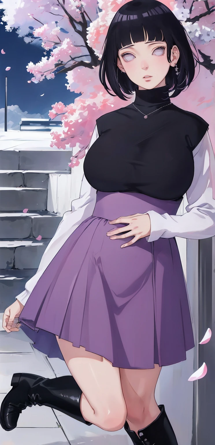 { - anatomy error} (Masterpiece - Ultra-detailed, very high resolution) (huge titusty, masterpiece, absurdres, hinata\(boruto\), 1girl, solo,mature female, lilac turtleneck blouse, high waist black long skirt, looking at viewelling petals), perfect composition, detailed lips, big breast, beautiful face, body propotion, blush, (pink lips), short hair, (black hair), purple eyes, soft gaze, super realistic, detailed, photoshoot, realistic face and body, closed mouth,  lilac eyes, full body, walking on the floor , black boots, inocent face, hidden hands