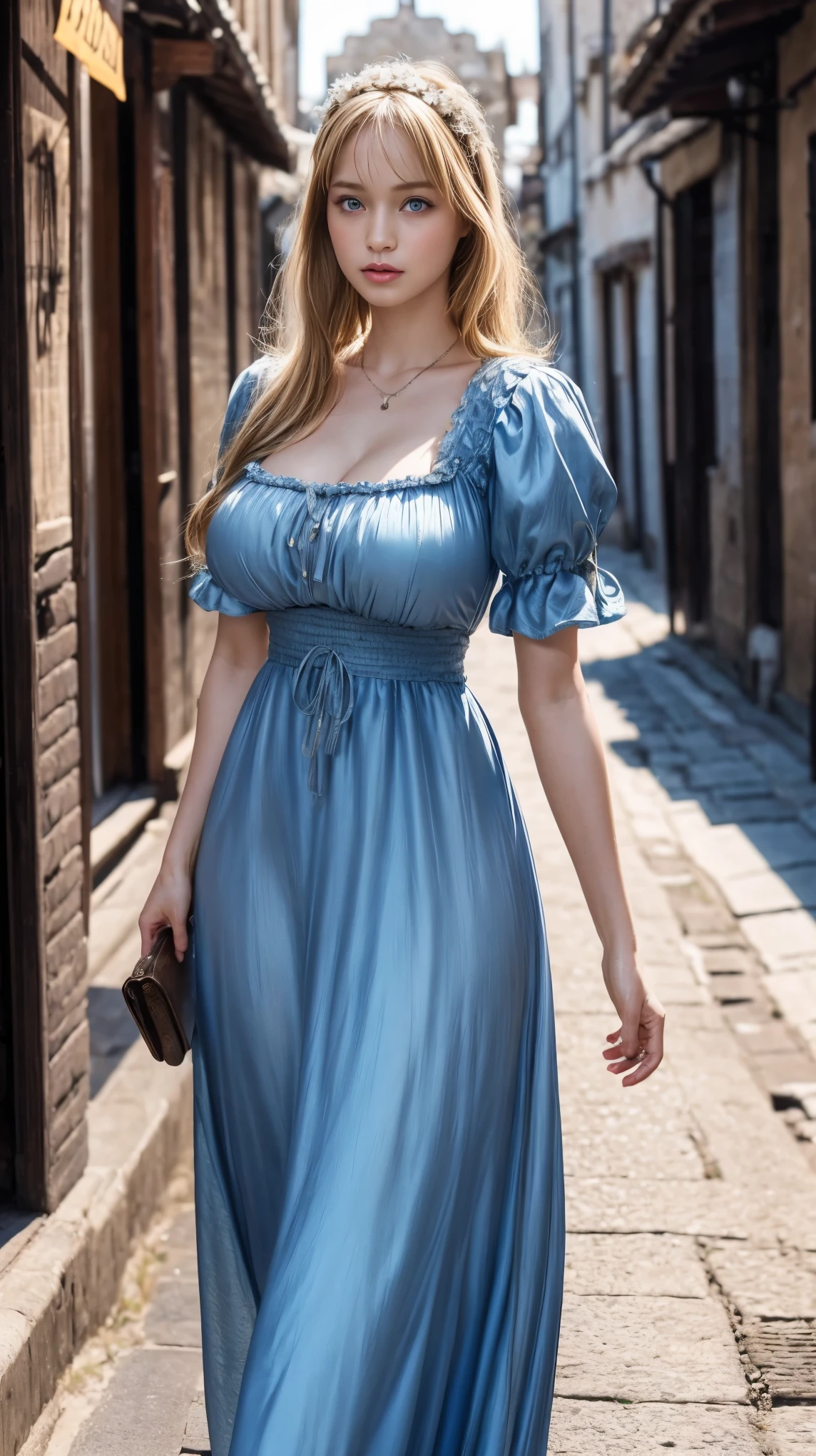 best quality, masterpiece, realistic photo, intricate details, raw photo, ultra detailed, old fashioned young woman, with sexy peasant style dress, no necklines, blonde hair, perfect detailed and blue eyes, walking in an old city, HD quality, 8K, young woman, 20 years old, big breasts, perfect body