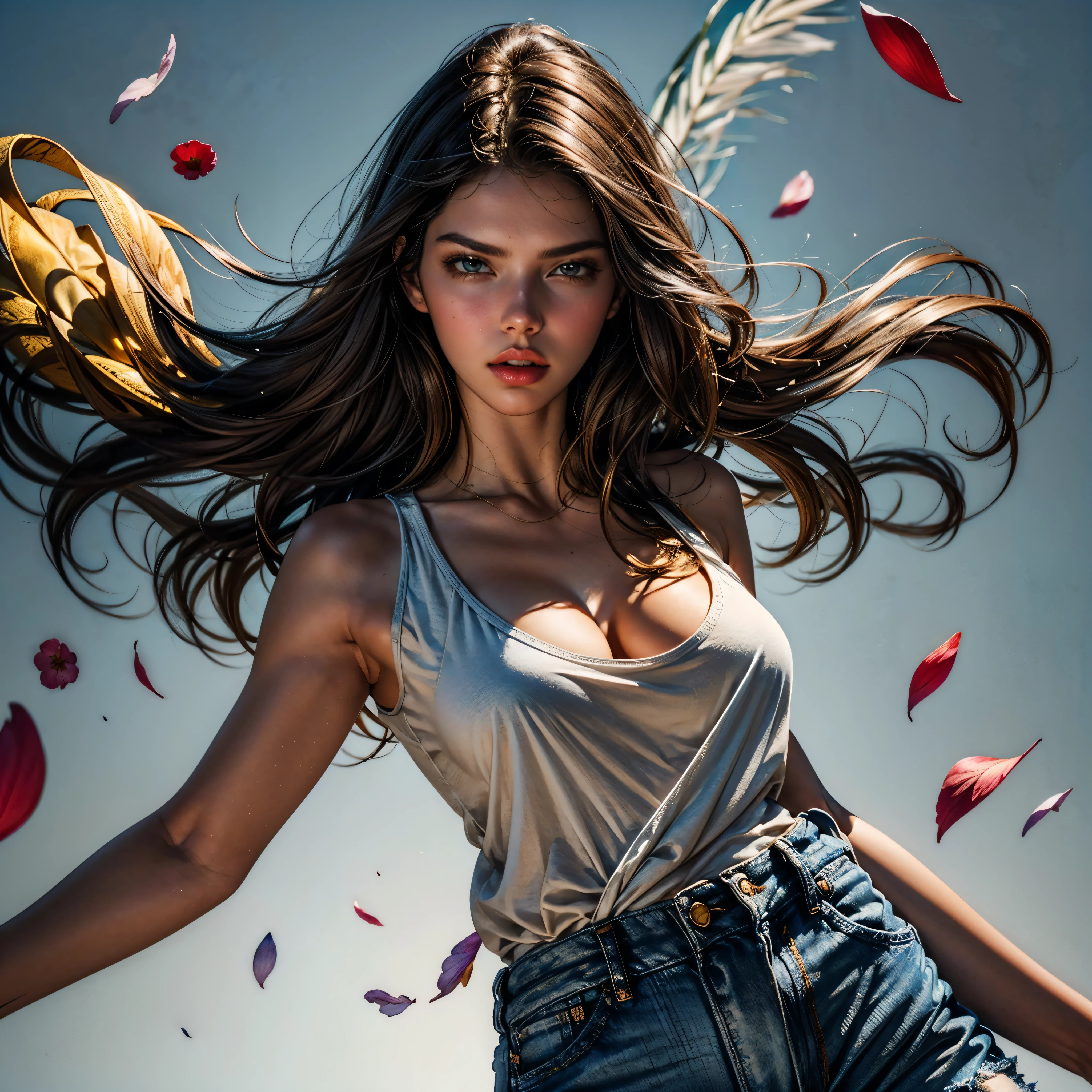 style FANTASTIC::Marc Silvestri ::5.0 COMIX illustration style, Fantastic Paintings--quality ,illustration style, DETAILED ,TATOON STYLE , Adriana Lima ,beautiful woman with long straight haiR ULTRA DETAILED, (beautiful and clear background:1.2), (extremely detailed CG, ultra-detailed, best shadow:1.1), ((depth of field)), ((watercolor)), large breasts(with jeans and a white t-shirt or dress:1.3), bare shoulders, flowers and petals, beautiful concept illustration , (white background:0.5), (illustration :1.1), (extremely fine and beautiful:1.1), (perfect details:1.1) varied multi etc. --v 6 --s 1000 --c 20 --q 20 --chaos 100