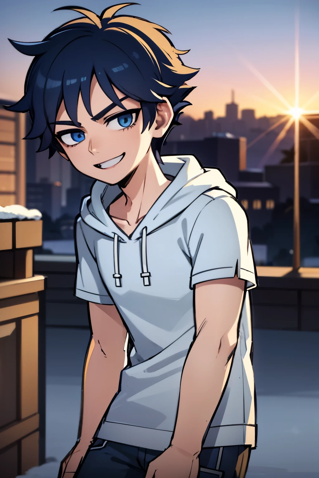 young boy, blue hair, blue eyes, white t-shirt, moleton, hood, , jeans pants, blue jeans, in a snowly city, smiling, sunset, 4k, masterpiece, detailed,
