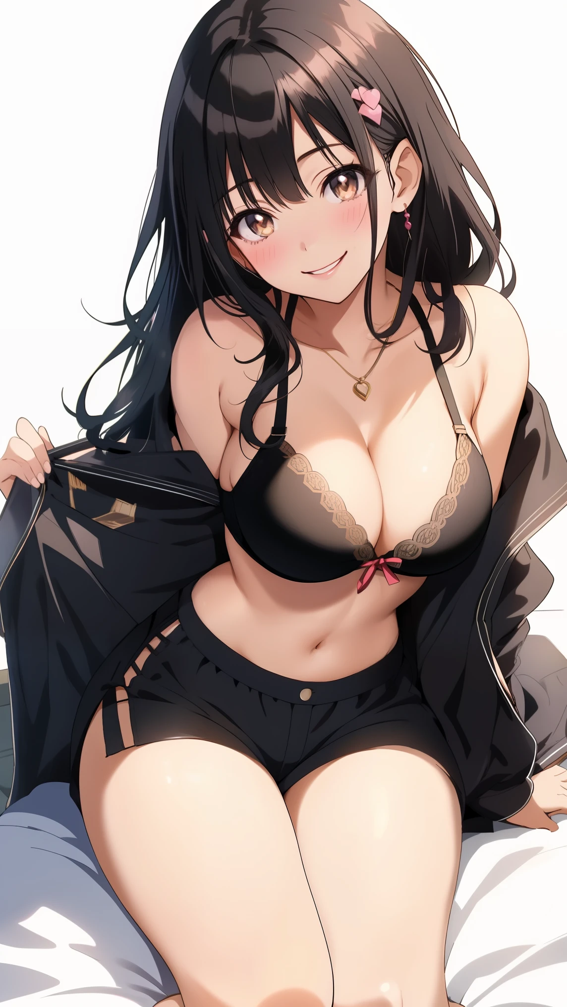 girl with black hair and a bra, teasing smile, anime moe artstyle, she is smiling, revealing clothes, seductive, hinata hyuga, smileing nright, (sfw) safe for work, sie boob, cleavage, breasts covered and sfw, thicc, smiling seductively