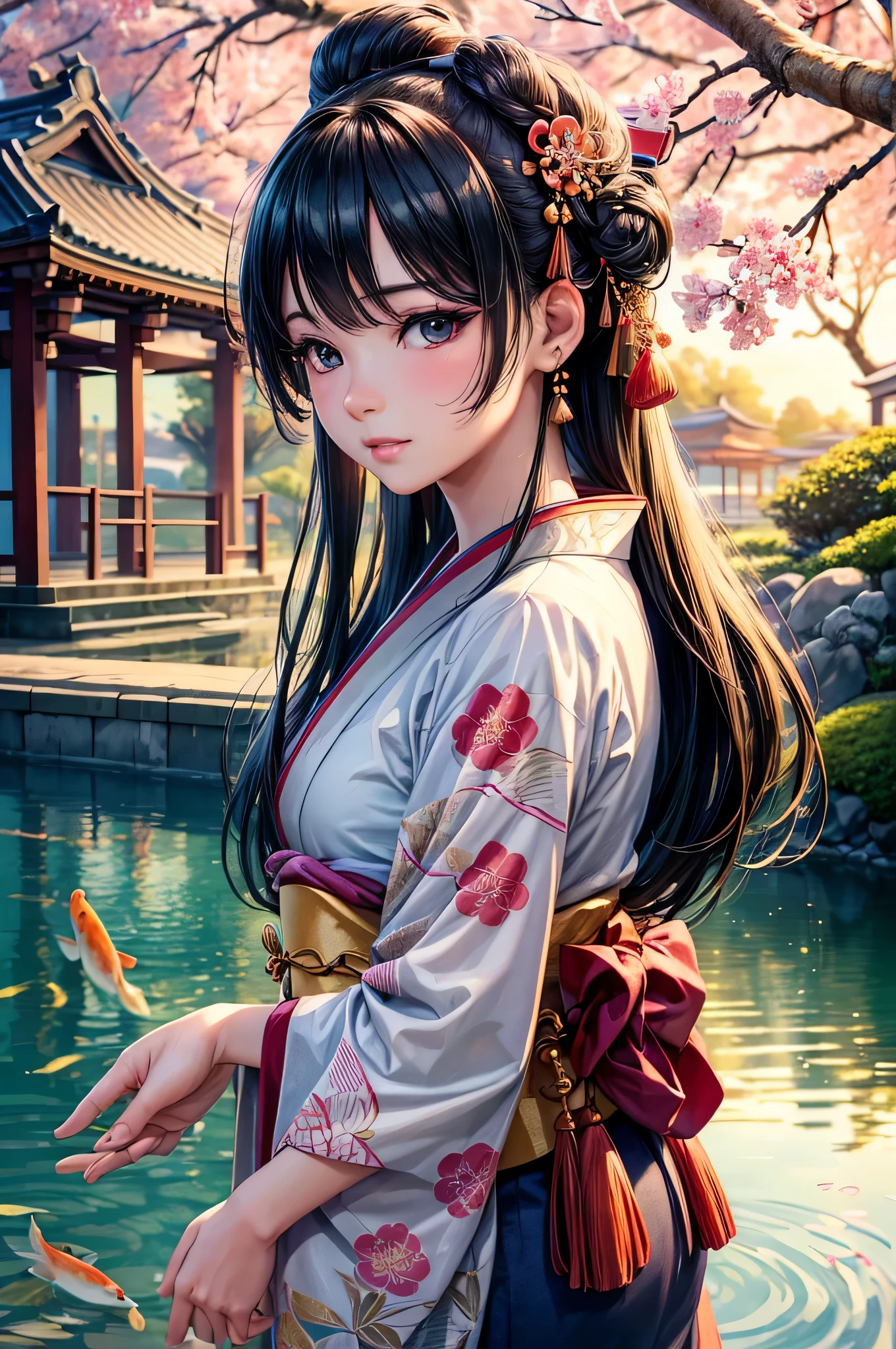 (melhor qualidade,4k,8k,high resolution,obra de arte:1.2),ultra-detalhado,(realista,photorealista,photo-realista:1.37),estilo de arte de anime,lindos olhos detalhados,beautiful detailed lips,Rosto extremamente detalhado,long eyelashes,Uma girl,traditional japanese temple,ancient statues,atmosfera serena,cherry trees,sunset lighting,Clima tranquilo e tranquilo,arquitetura ornamentada,Quimono tradicional,olhar cativante,admiring the stone statues,brisa sutil farfalhando em seus cabelos,postura delicada,peixes nadando no lago de carpas,soft lighting illuminating the environment,cores vibrantes,paleta de cores pastel,harmonia entre a natureza e as estruturas artificiais