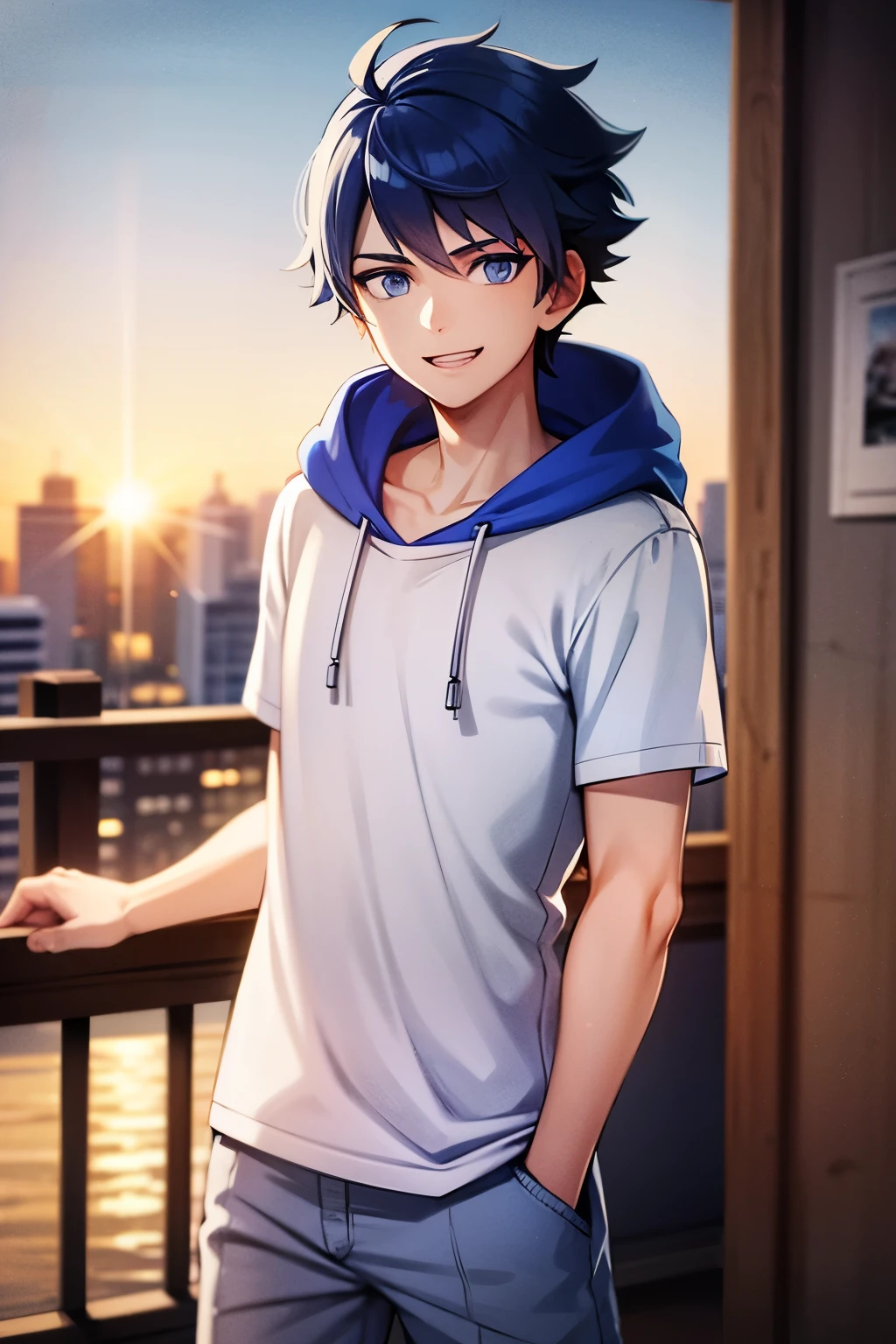 young boy, blue hair, blue eyes, white t-shirt, moleton,  white hood, , jeans pants, blue jeans, in a snowly city, smiling, sunset, 4k, masterpiece, detailed,
