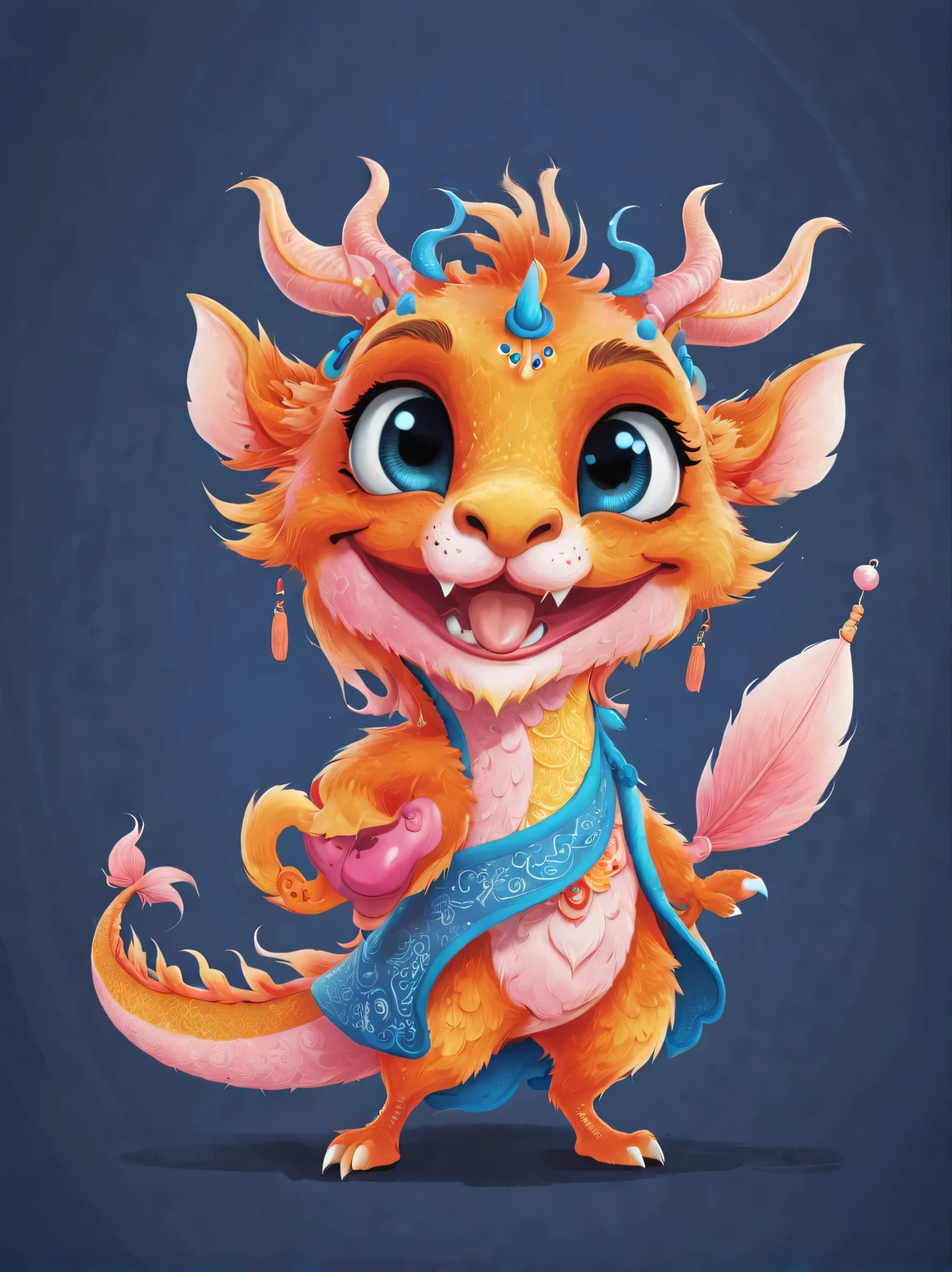 role conception, Featuring the adorable zodiac sign Dragon,exaggerated gait, orange fur, big blue eyes, Squint your eyes and smile mischievously (Crescent), Wearing scarlet clothes, range mark drawing, monochrome, Ballpoint pen outline, 4K, soft pink, interesting,