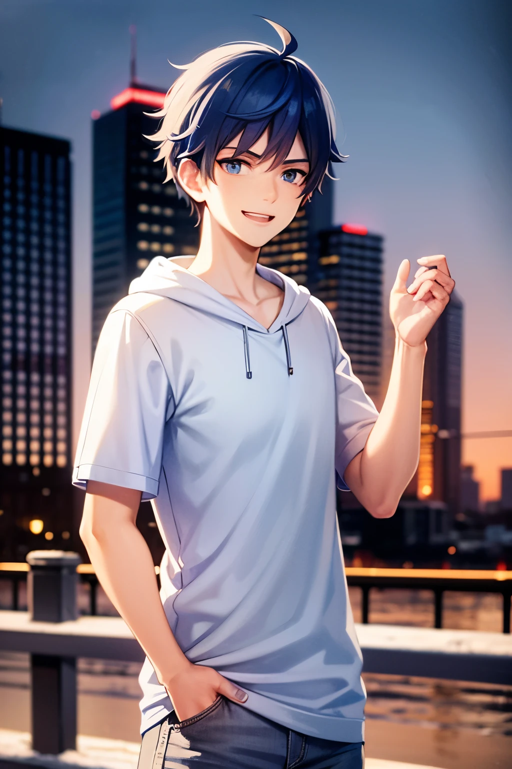 young boy, blue hair, blue eyes, white t-shirt, moleton,  white hood, , jeans pants, blue jeans, in a snowly city, smiling, sunset, 4k, masterpiece, detailed,
