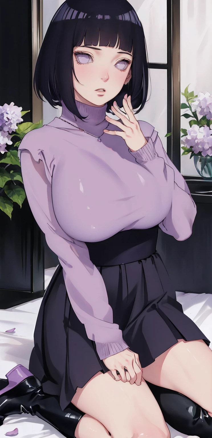 { - anatomy error} (Masterpiece - Ultra-detailed, very high resolution) (huge titusty, masterpiece, absurdres, hinata\(boruto\), 1girl, solo,mature female, lilac turtleneck blouse, high waist black long skirt, looking at viewelling petals), perfect composition, detailed lips, big breast, beautiful face, body propotion, blush, (pink lips), short hair, (black hair), purple eyes, soft gaze, super realistic, detailed, photoshoot, realistic face and body, closed mouth , lilac eyes, full body, sitting on the floor , back boots, hidden hands, perfect fingers, inocent face