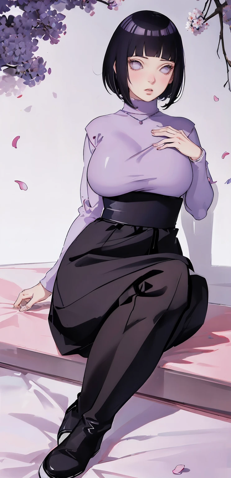 { - anatomy error} (Masterpiece - Ultra-detailed, very high resolution) (huge titusty, masterpiece, absurdres, hinata\(boruto\), 1girl, solo,mature female, lilac turtleneck blouse, high waist black long skirt, looking at viewelling petals), perfect composition, detailed lips, big breast, beautiful face, body propotion, blush, (pink lips), short hair, (black hair), purple eyes, soft gaze, super realistic, detailed, photoshoot, realistic face and body, closed mouth , lilac eyes, full body, sitting on the floor , back boots, hidden hands, perfect fingers, inocent face