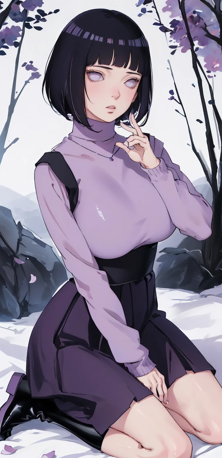 { - anatomy error} (Masterpiece - Ultra-detailed, very high resolution) (huge titusty, masterpiece, absurdres, hinata\(boruto\), 1girl, solo,mature female, lilac turtleneck blouse, high waist black long skirt, looking at viewelling petals), perfect composition, detailed lips, big breast, beautiful face, body propotion, blush, (pink lips), short hair, (black hair), purple eyes, soft gaze, super realistic, detailed, photoshoot, realistic face and body, closed mouth,  lilac eyes, full body, walking on the floor , black boots, inocent face, hidden hands