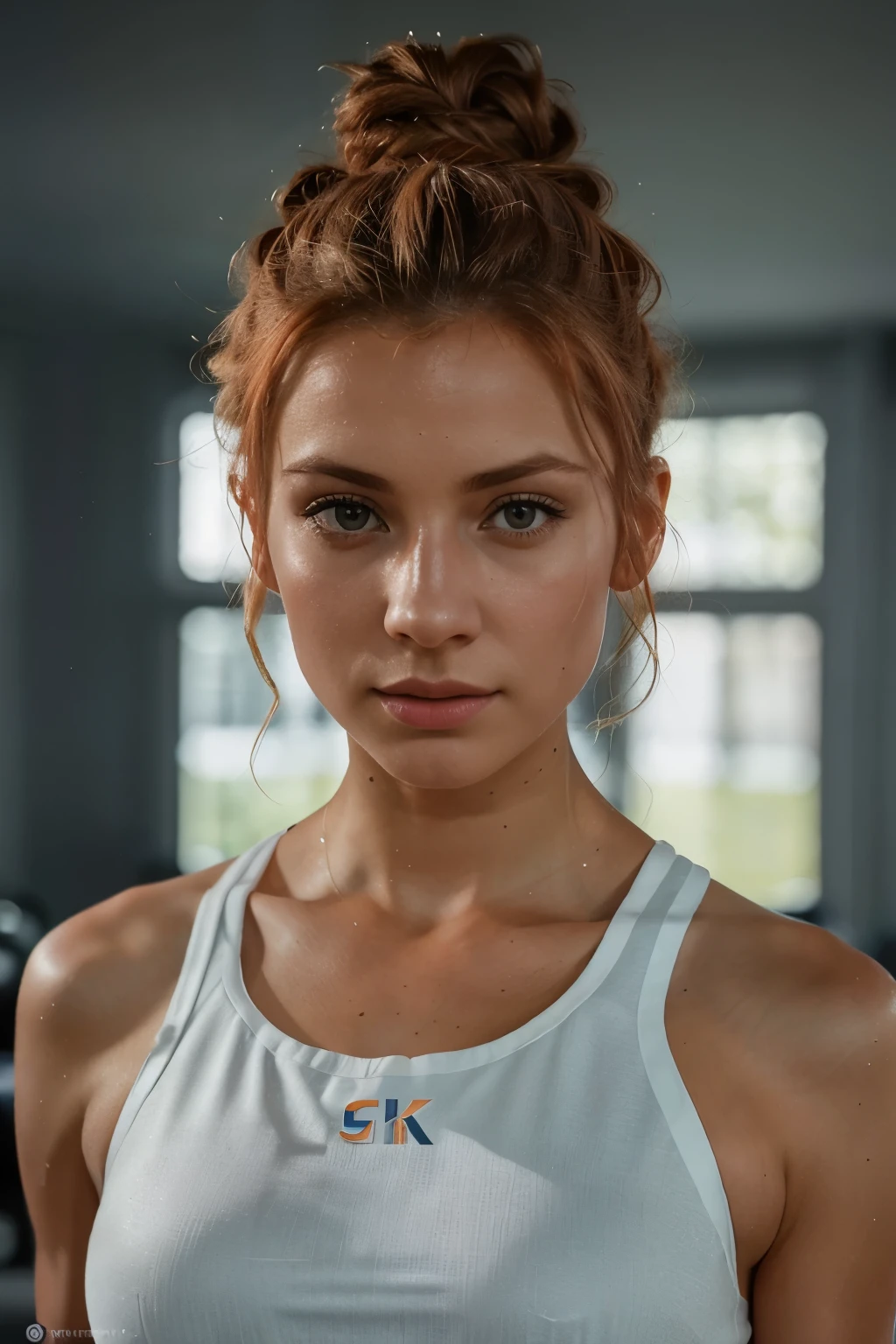 photo de portrait de LenkaRegalova belle femme, cheveux roux, topknot,dans un gym (master piece) (beste-Qualit) (detailded) (8k) (HDR) (papier peint) (lighting cinematic) (mise au point nette)