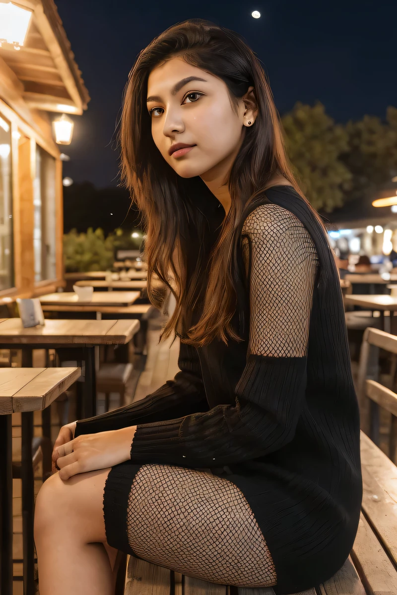 Raw photo, realistic, girl, Indian girl, age 22, full body, pale skin, body, beautiful face, detailed face,  black fishnet sweater dress, upper body, sitting, cowboy shot, outdoor, night, restaurant, ((looking at viewer:1.4)),((face towards me)), from below, side profile