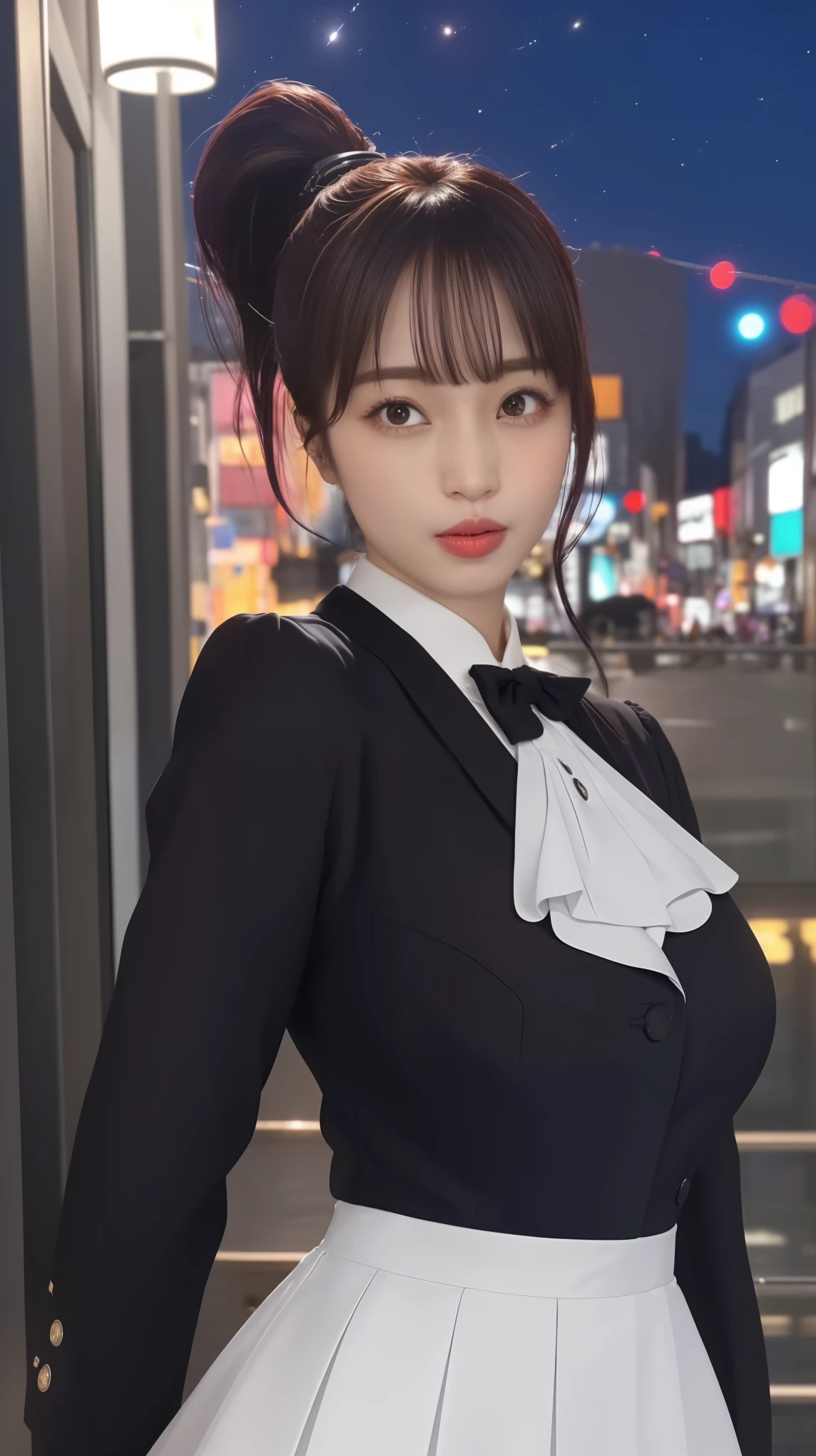 (Night:1.7), Japan, Tokyo, CityView, Before Window,
Standing at attention,
Black_jacket,white shirt, Black_Skirt,sailor outfit,red bowtie,puffy sleeves,long sleeves, 
jewelry,
purple eyes, purple hair,Bangs, ponytail,long hair, 
1 girl, 24yo,mature female,Beautiful Finger,Beautiful long legs,Beautiful body,Beautiful Nose,Beautiful character design, perfect eyes, perfect face,
looking at viewer,girl in the center of the image,
NSFW,official art,extremely detailed CG unity 8k wallpaper, perfect lighting,Colorful, Bright_Front_face_Lighting,
(masterpiece:1.0),(best_quality:1.0), ultra high res,4K,ultra-detailed,
photography, 8K, HDR, highres, absurdres:1.2, Kodak portra 400, film grain, blurry background, bokeh:1.2, lens flare, (vibrant_color:1.2)
(Beautiful,Large_Breasts:1.2), (beautiful_face:1.5),(narrow_waist),